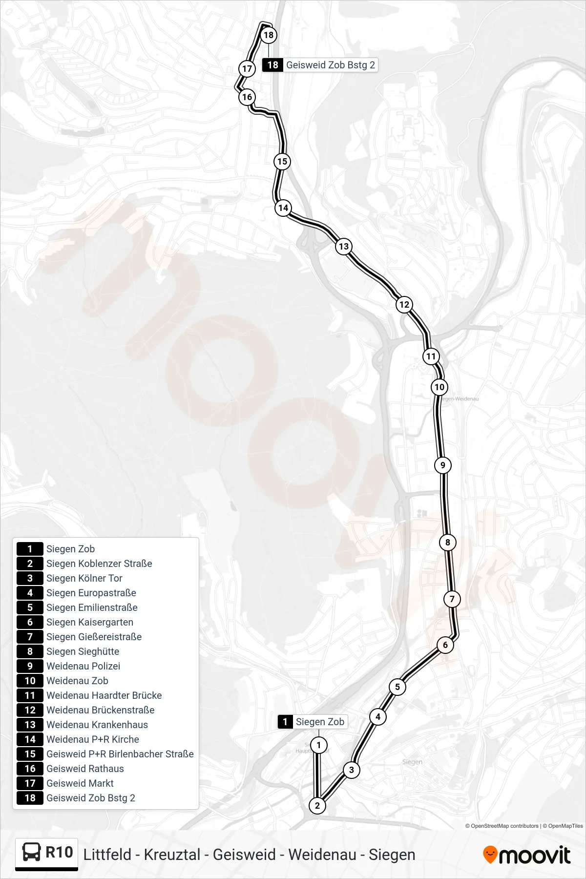 R10 bus Line (Geisweid Zob Bstg 2) route and stops on a map