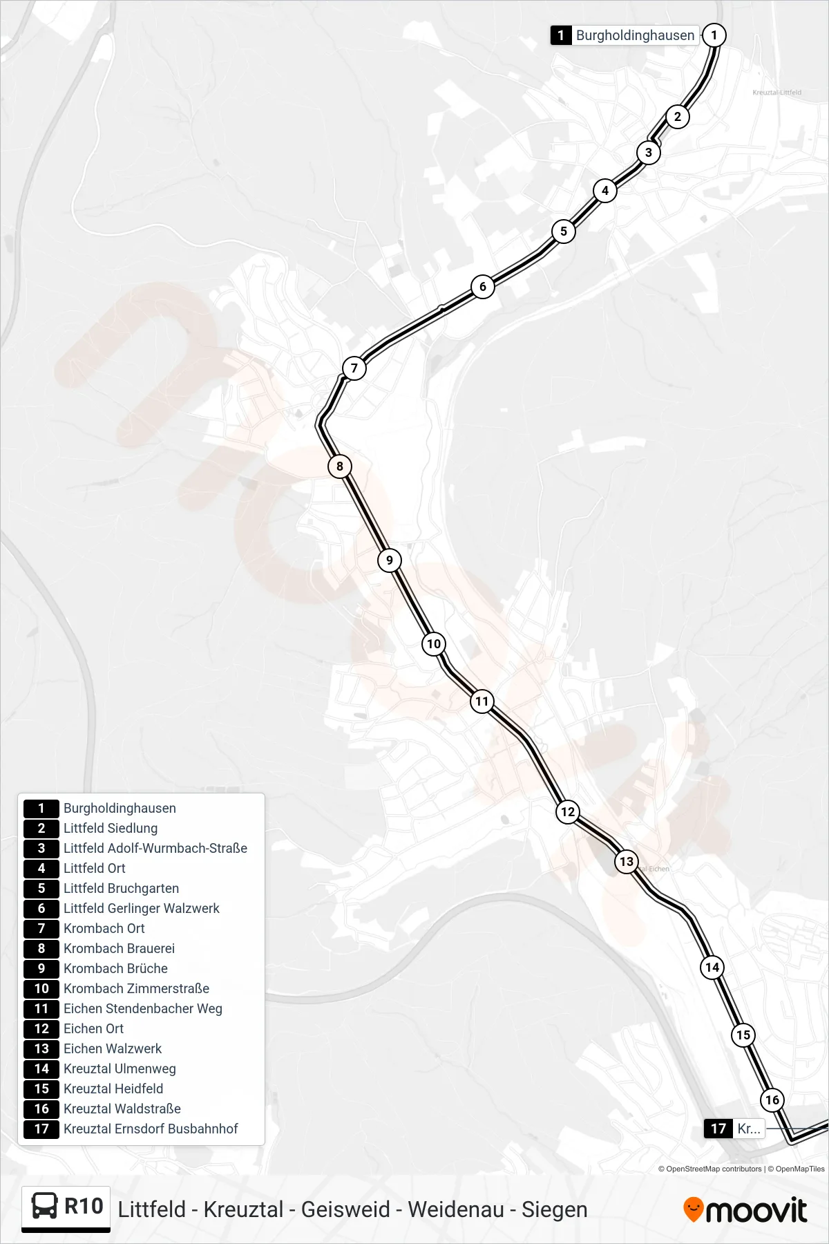 R10 bus Line (Kreuztal Ernsdorf Busbahnhof) route and stops on a map