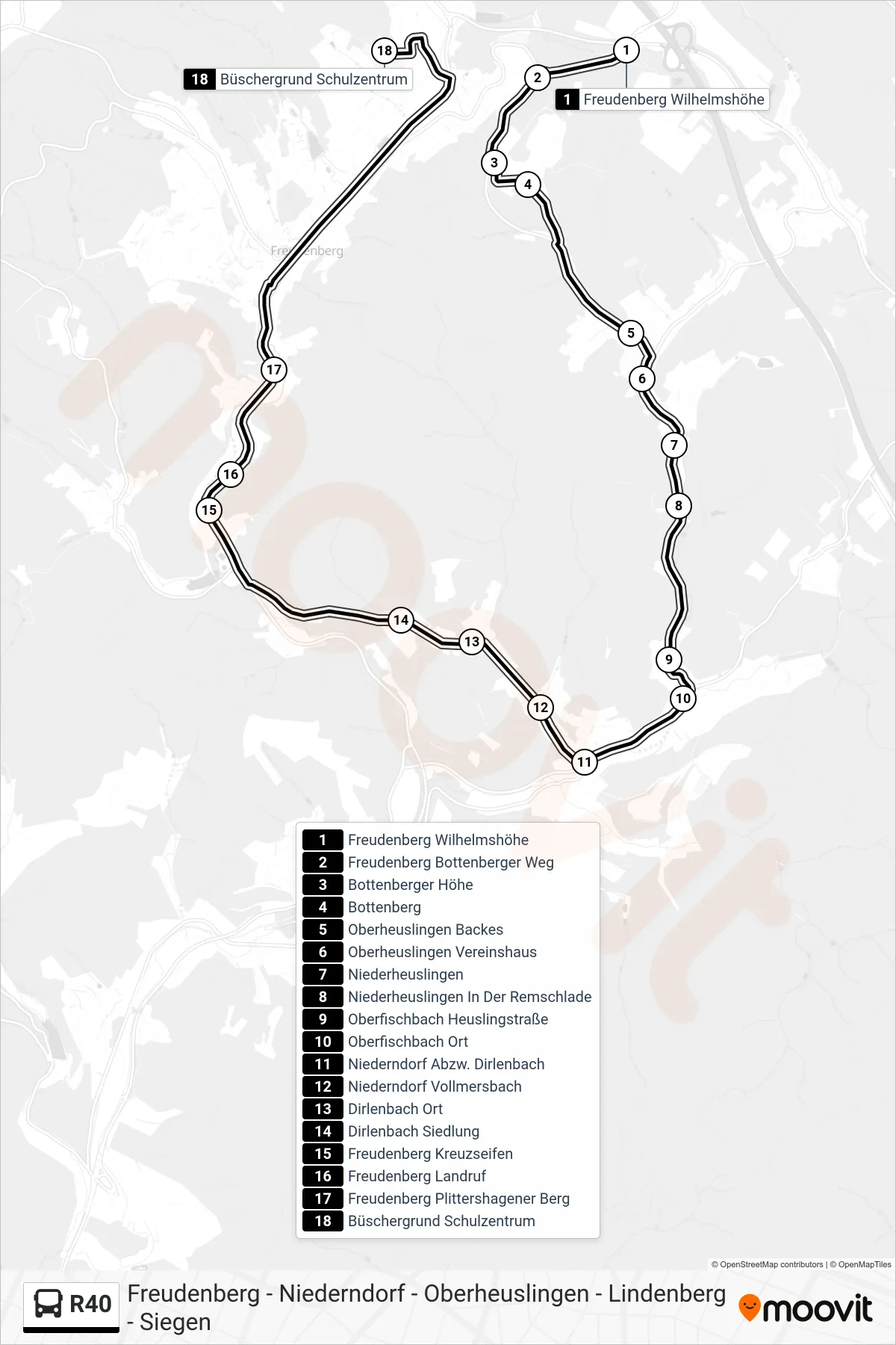 R40 bus Line (Büschergrund Schulzentrum) route and stops on a map