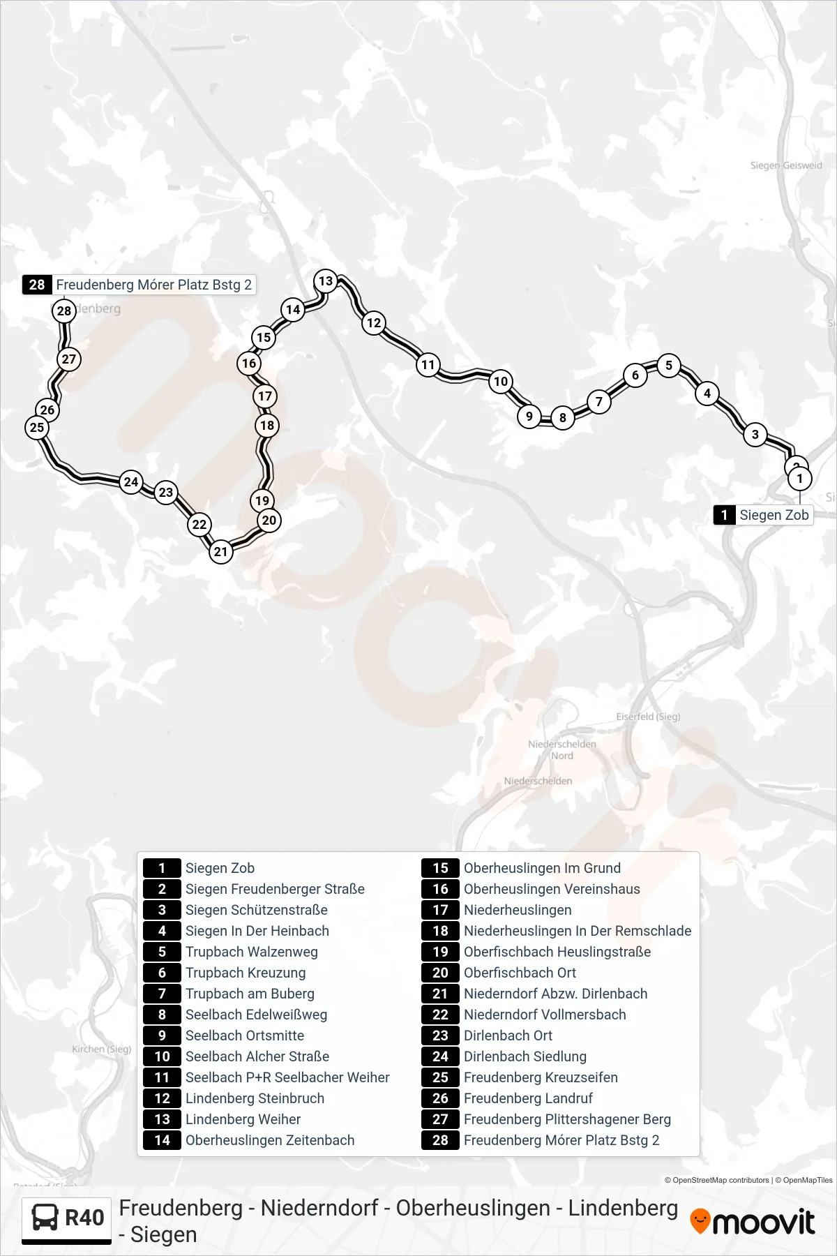 R40 bus Line (Freudenberg Mórer Platz Bstg 2) route and stops on a map