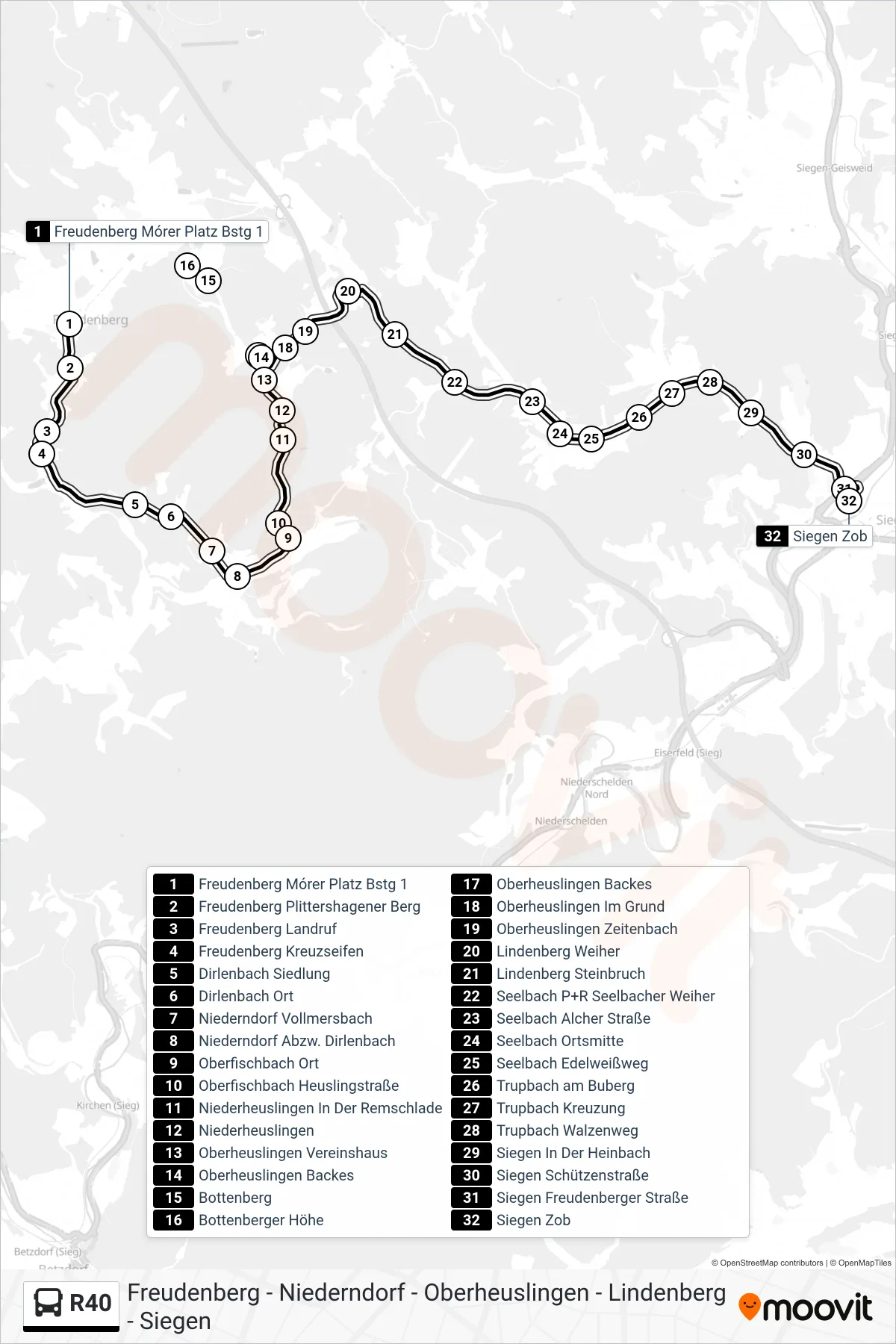 Linie R40 (Bus) Richtung Siegen Zob Bstg B: Route und Haltestellen auf der Karte