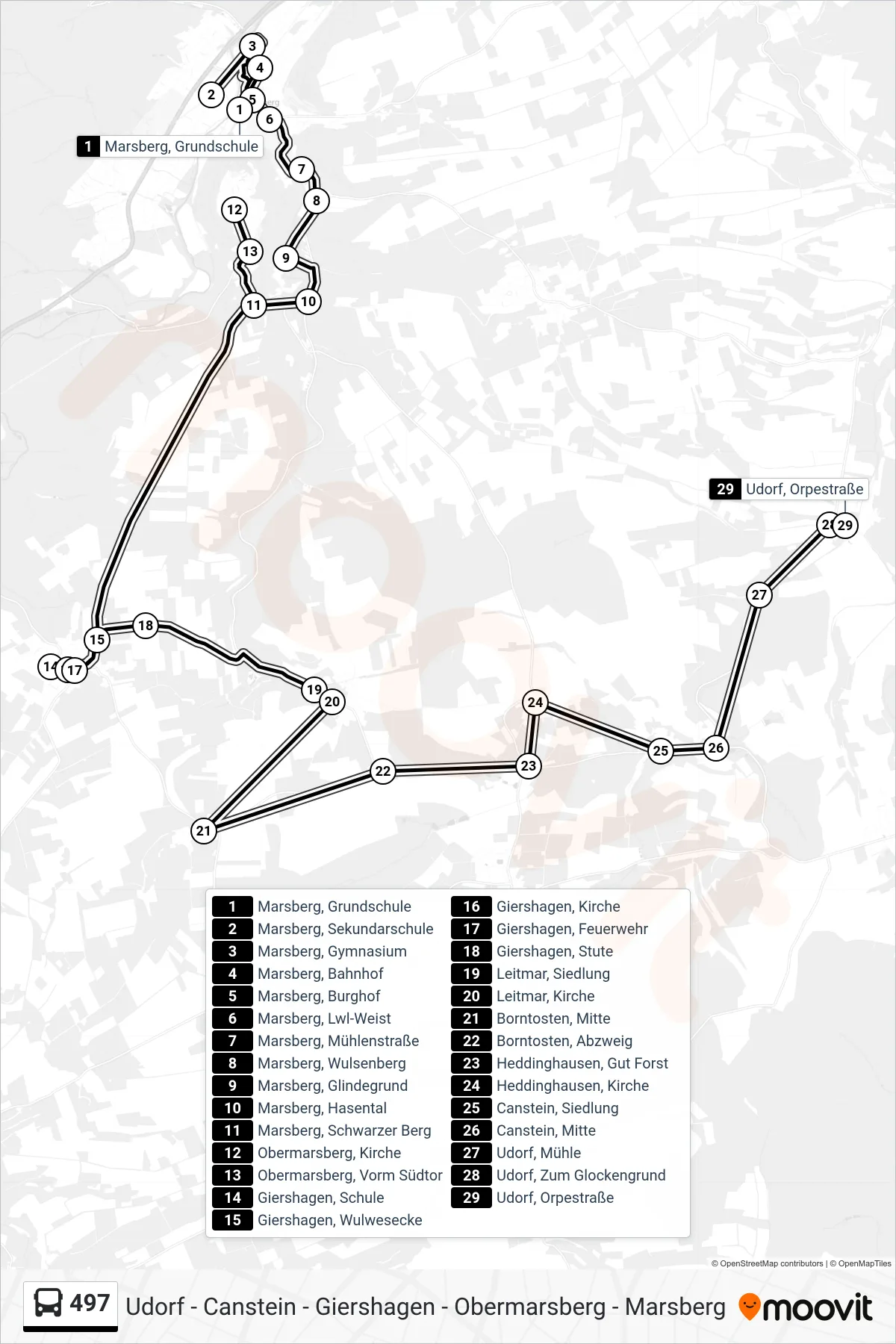 497 bus Line (Udorf) route and stops on a map