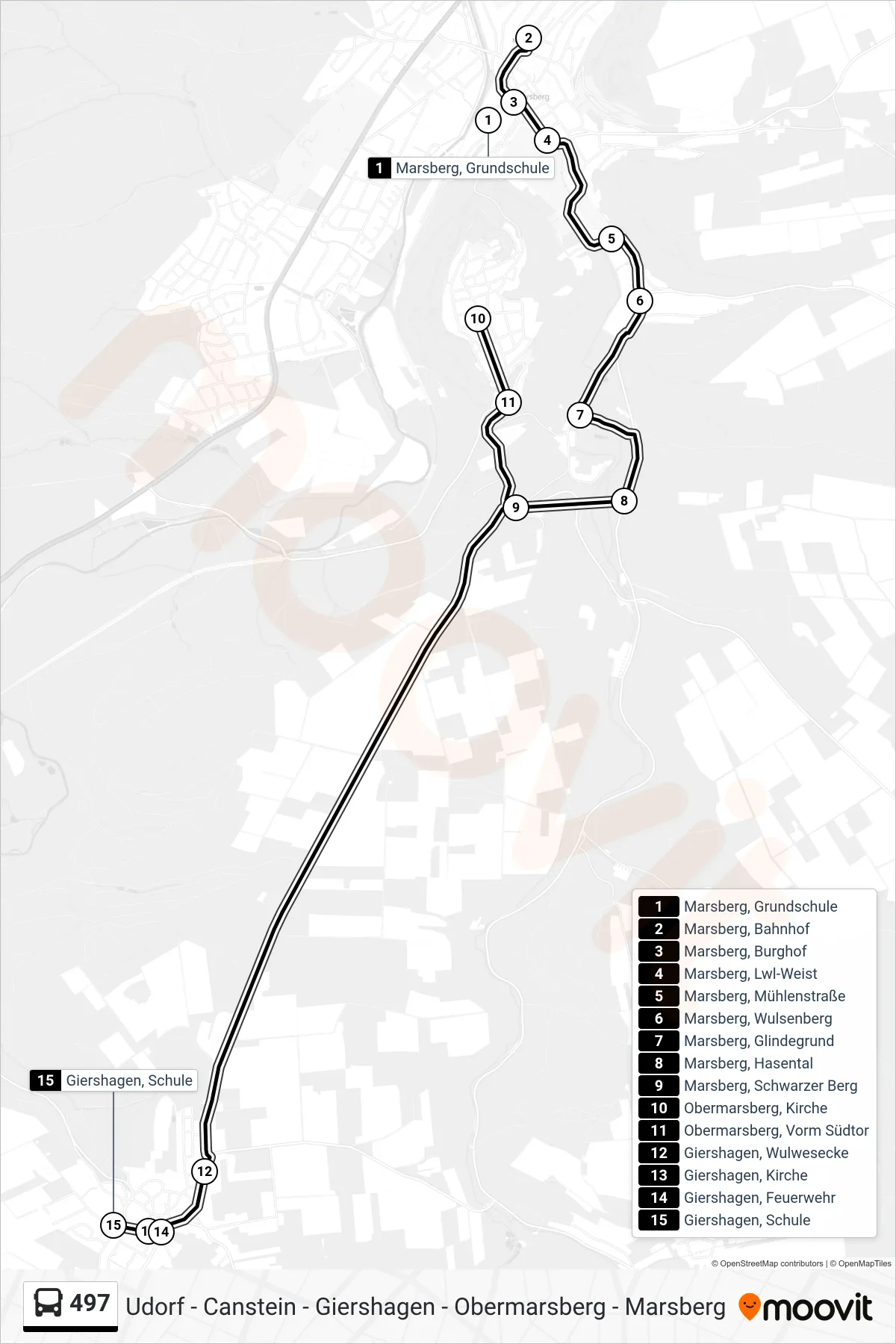 497 bus Line (Giershagen) route and stops on a map