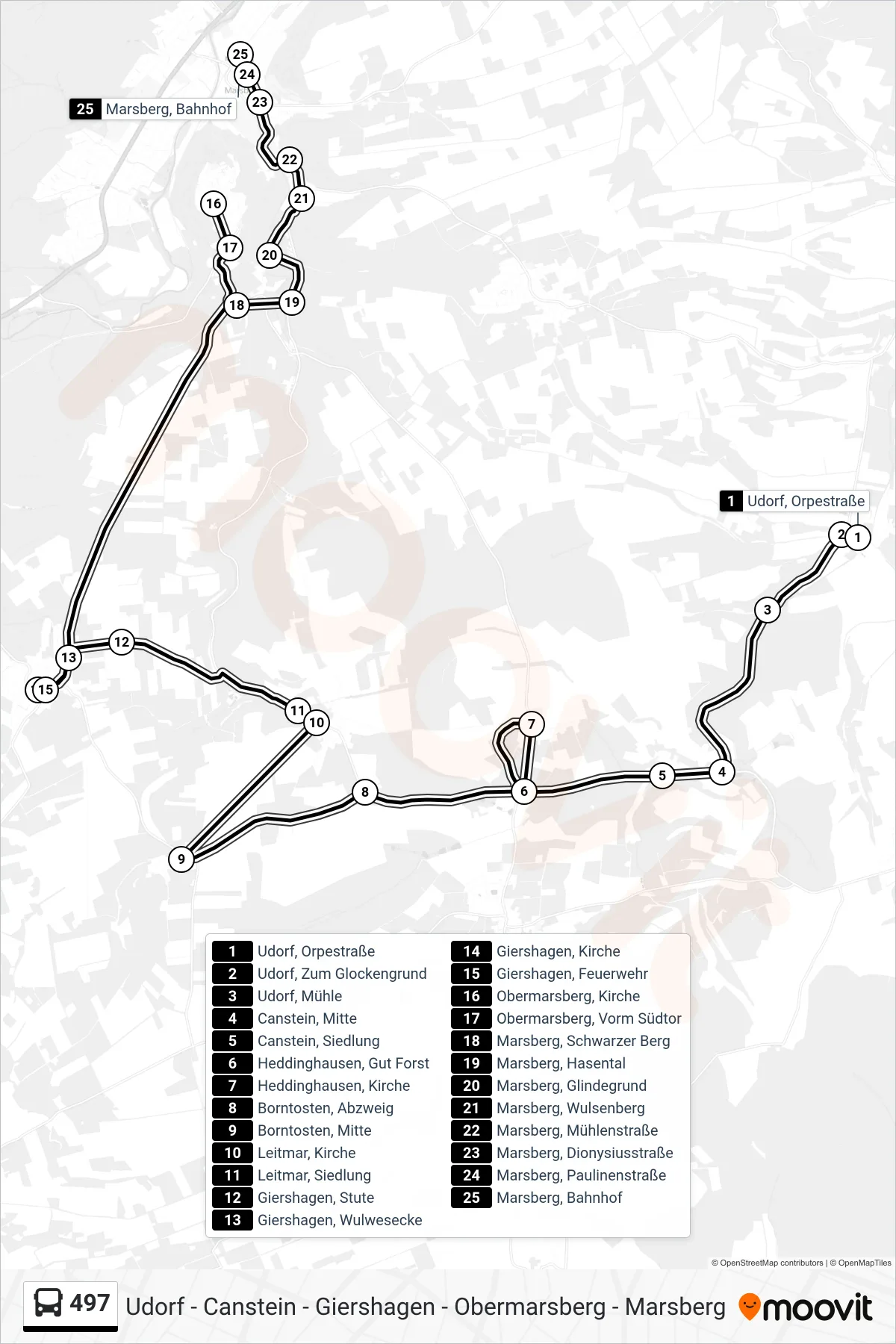 Linie 497 (Bus) Richtung Marsberg: Route und Haltestellen auf der Karte