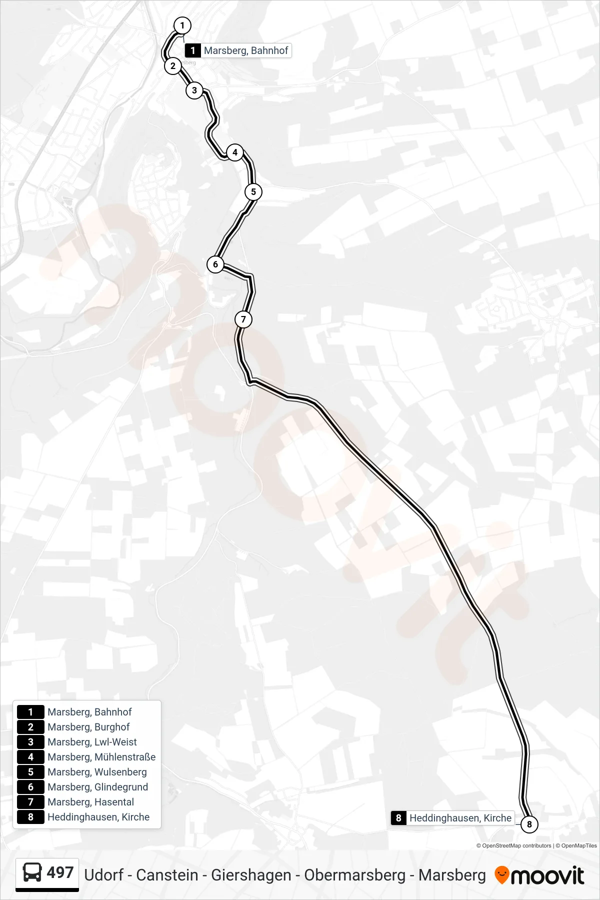 497 bus Line (Heddinghausen) route and stops on a map
