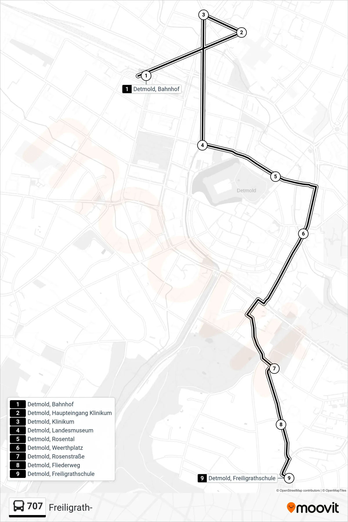 707 bus Line (Freiligrath-) route and stops on a map