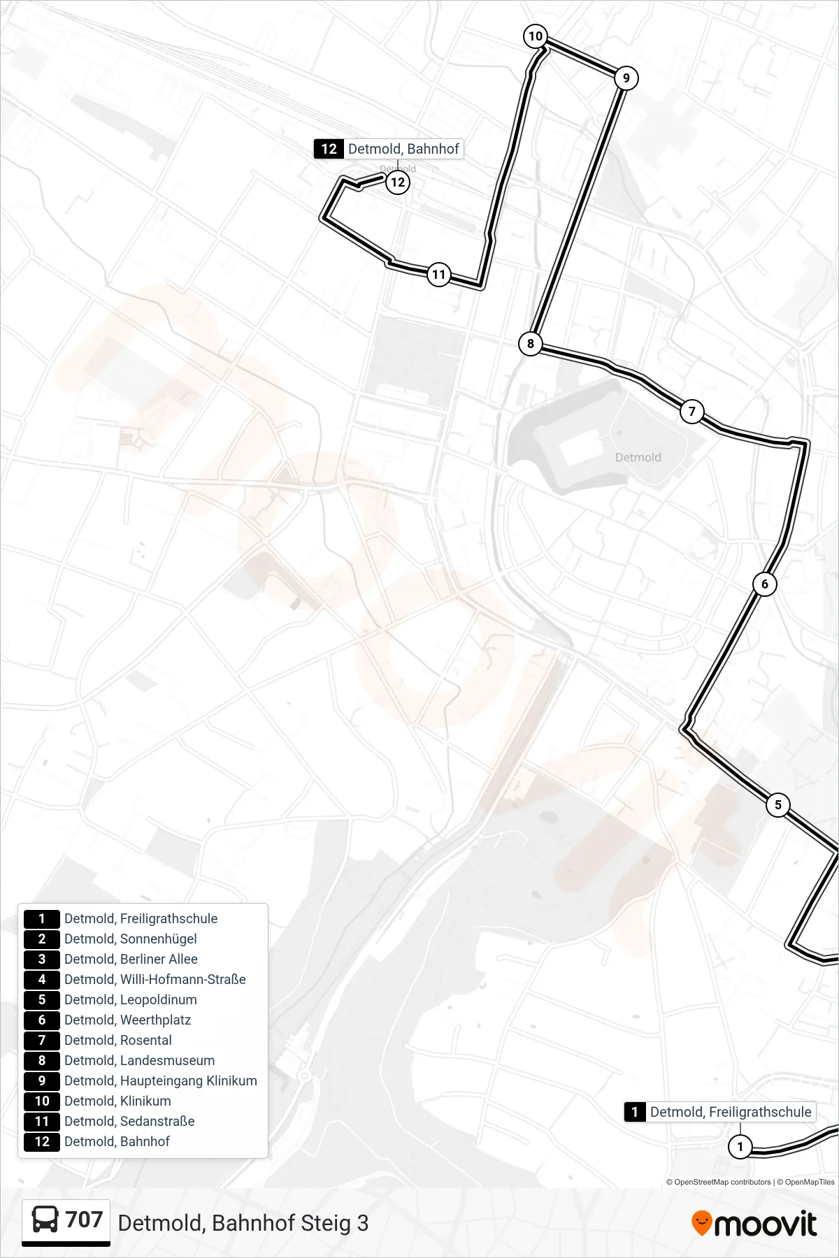 707 bus Line (Detmold, Bahnhof Steig 3) route and stops on a map