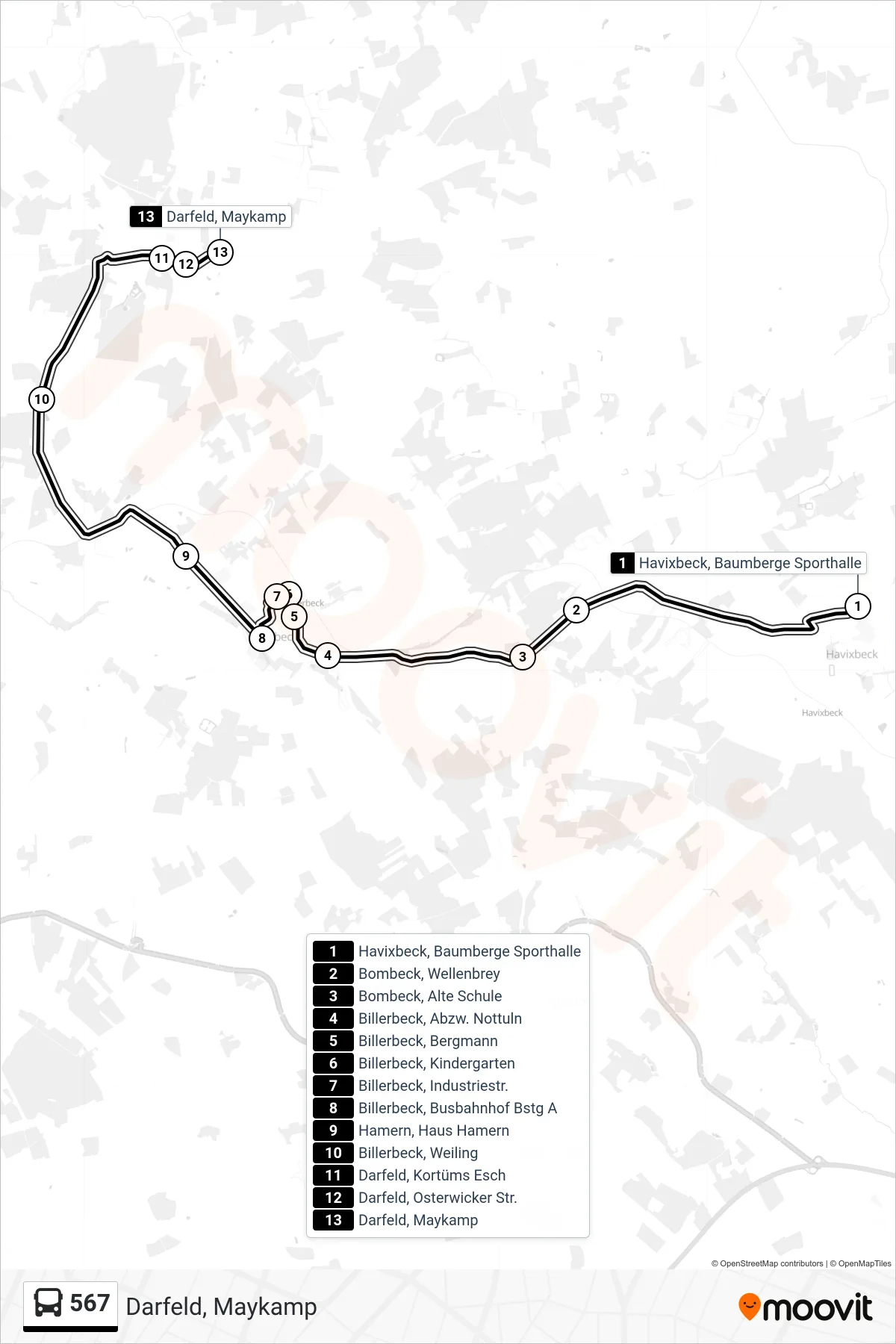 Linie 567 (Bus) Richtung Darfeld, Maykamp: Route und Haltestellen auf der Karte