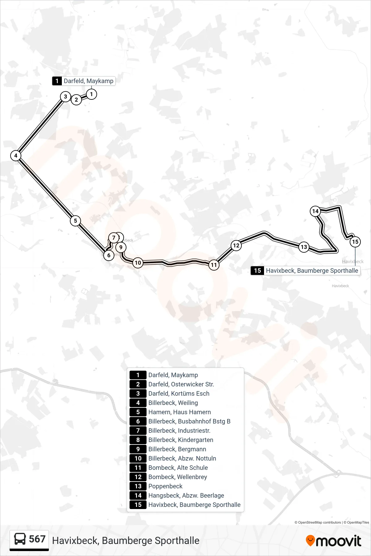 Linie 567 (Bus) Richtung Havixbeck, Baumberge Sporthalle: Route und Haltestellen auf der Karte