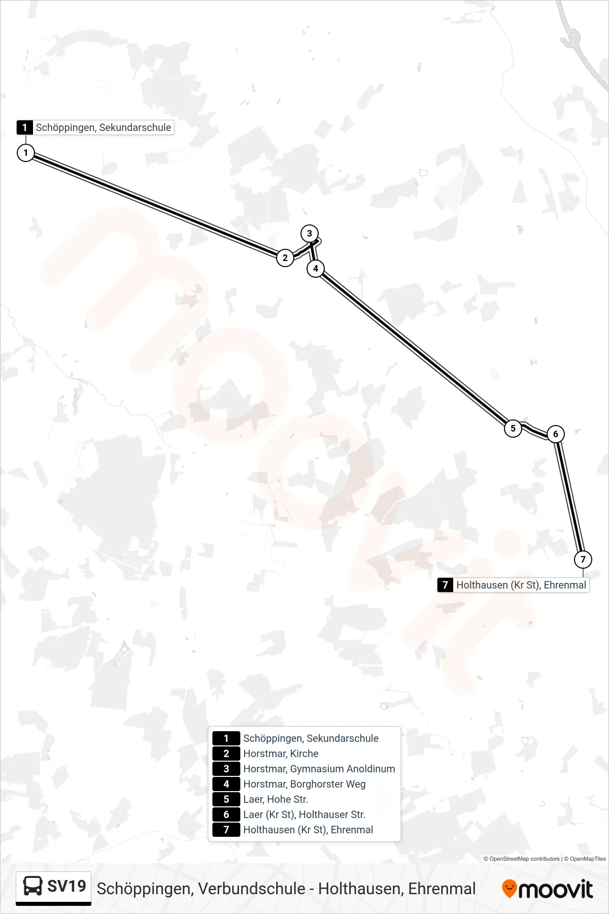SV19 bus Line (Holthausen (Kr St), Ehrenmal) route and stops on a map