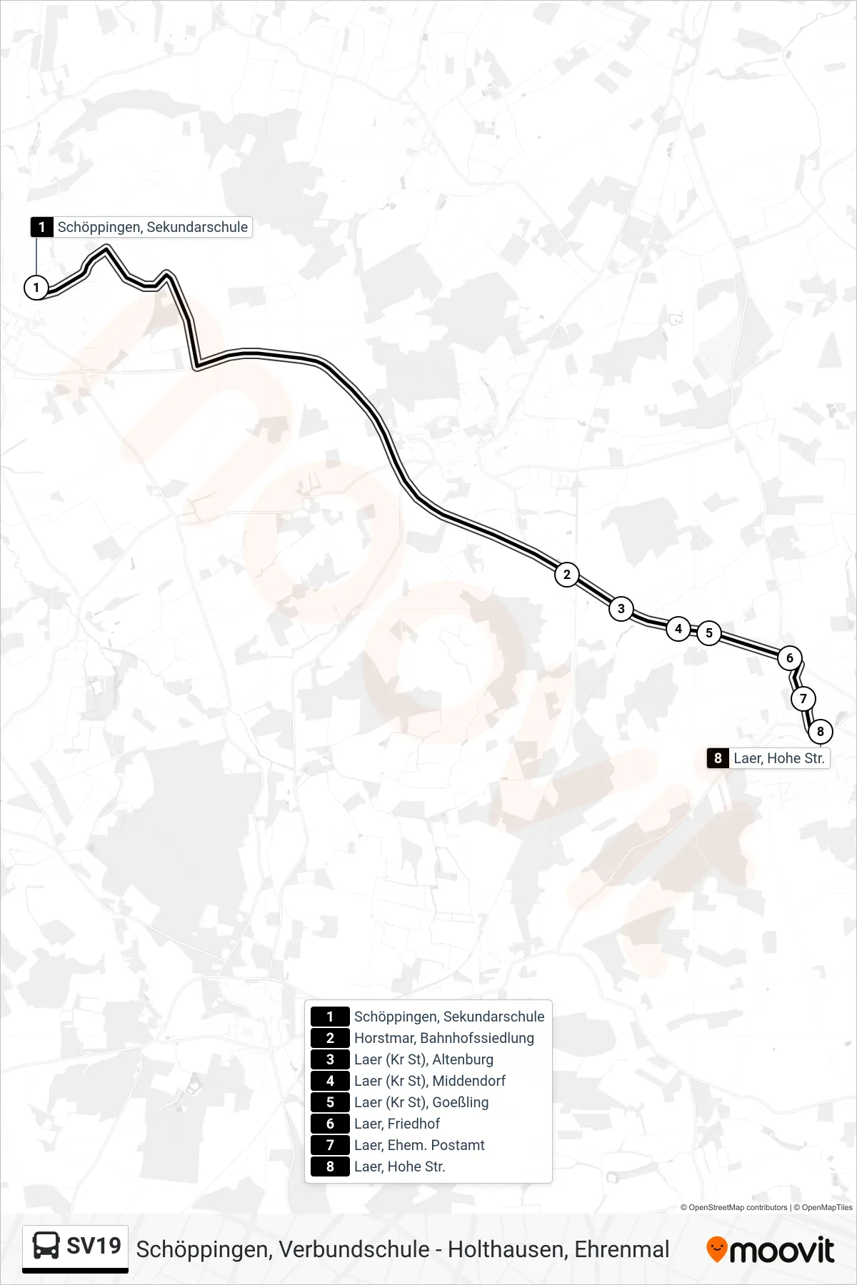 SV19 bus Line (Laer, Hohe Str.) route and stops on a map