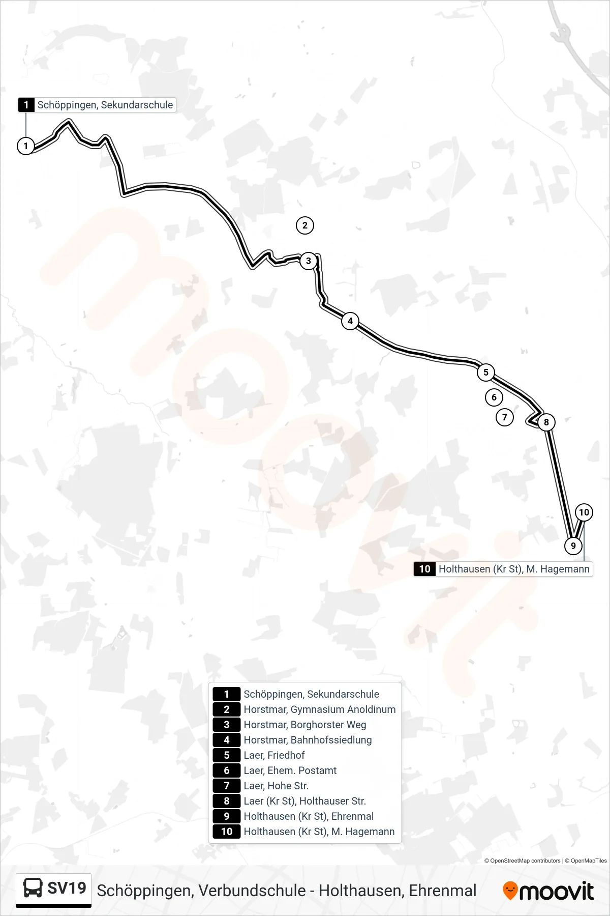 SV19 bus Line (Holthausen (Kr St), M. Hagemann) route and stops on a map