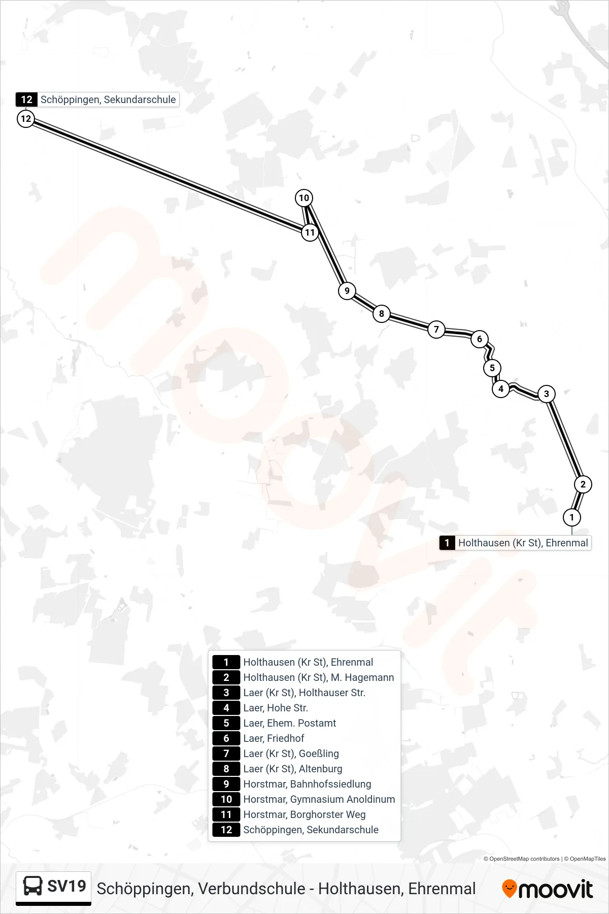 SV19 bus Line (Schöppingen, Sekundarschule) route and stops on a map
