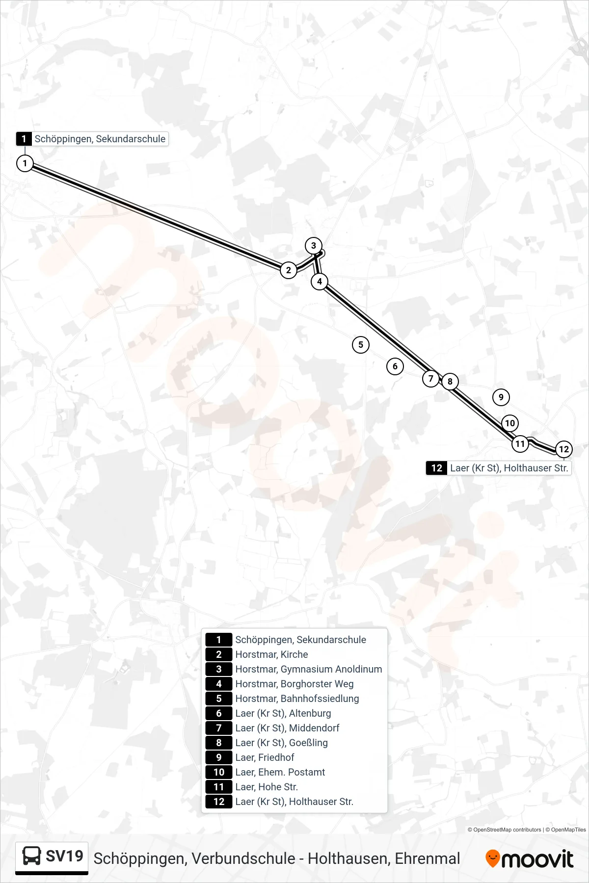 Linie SV19 (Bus) Richtung Laer (Kr St), Holthauser Str.: Route und Haltestellen auf der Karte