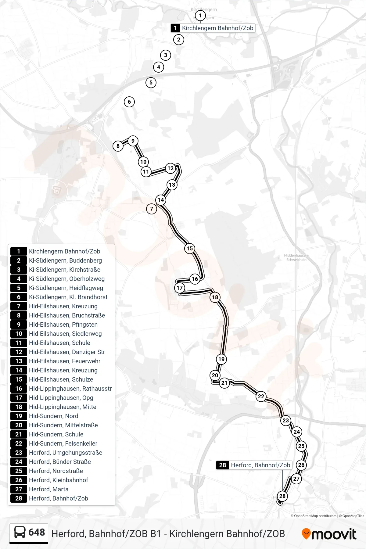 Linie 648 (Bus) Richtung Herford, Bahnhof/Zob B1: Route und Haltestellen auf der Karte