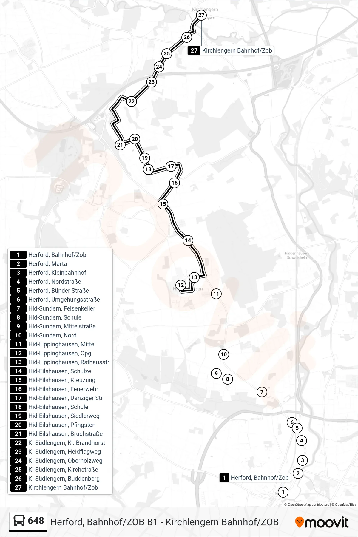Linie 648 (Bus) Richtung Kirchlengern Bahnhof/Zob: Route und Haltestellen auf der Karte