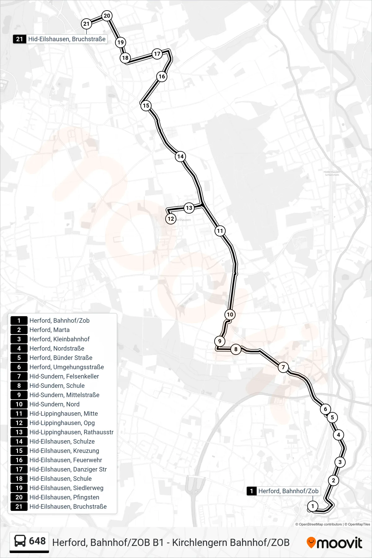 648 bus Line (Hid-Eilshausen, Bruchstraße) route and stops on a map