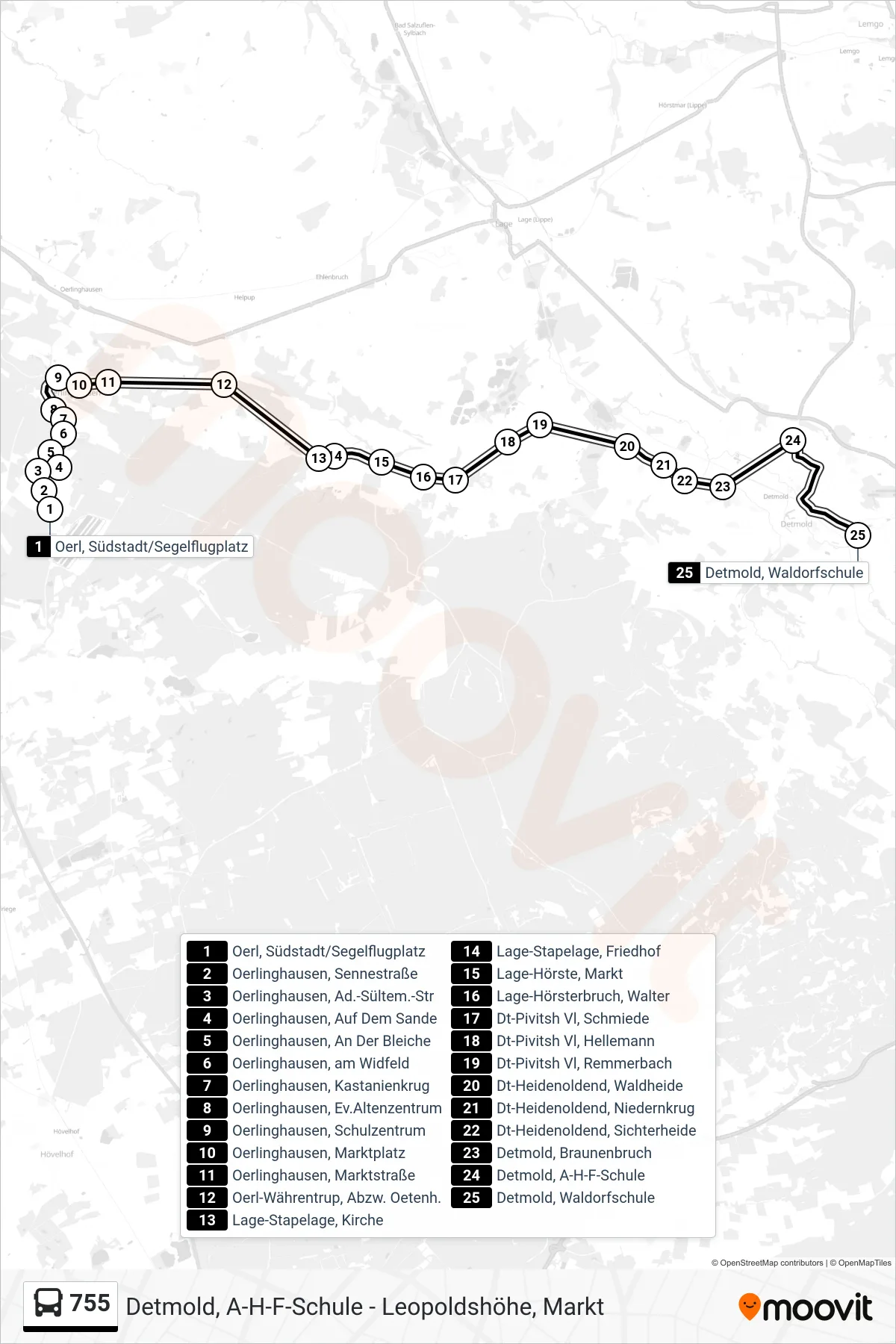 755 bus Line (Detmold, Waldorfschule) route and stops on a map