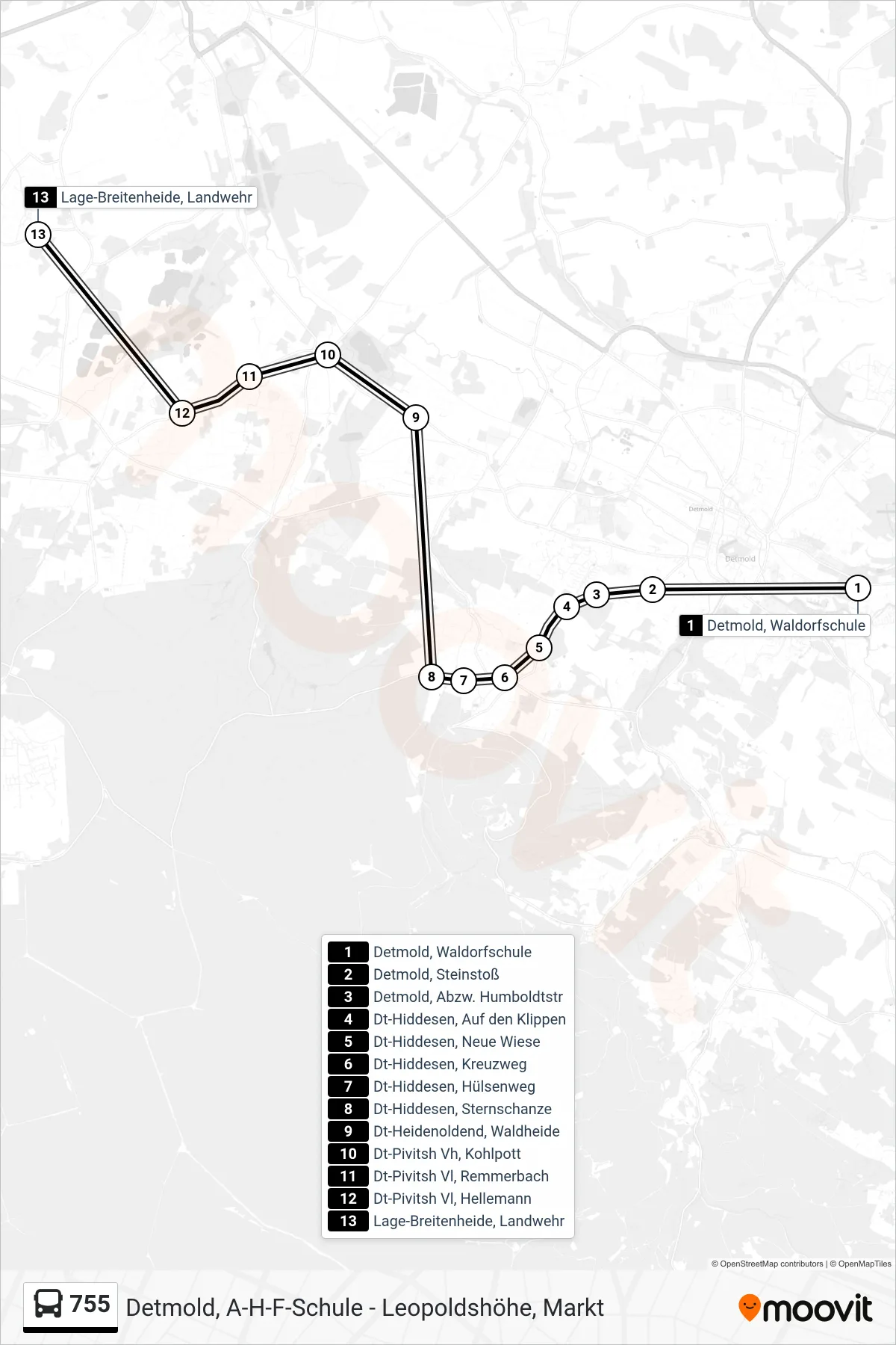 755 bus Line (Lage-Breitenheide, Landwehr) route and stops on a map