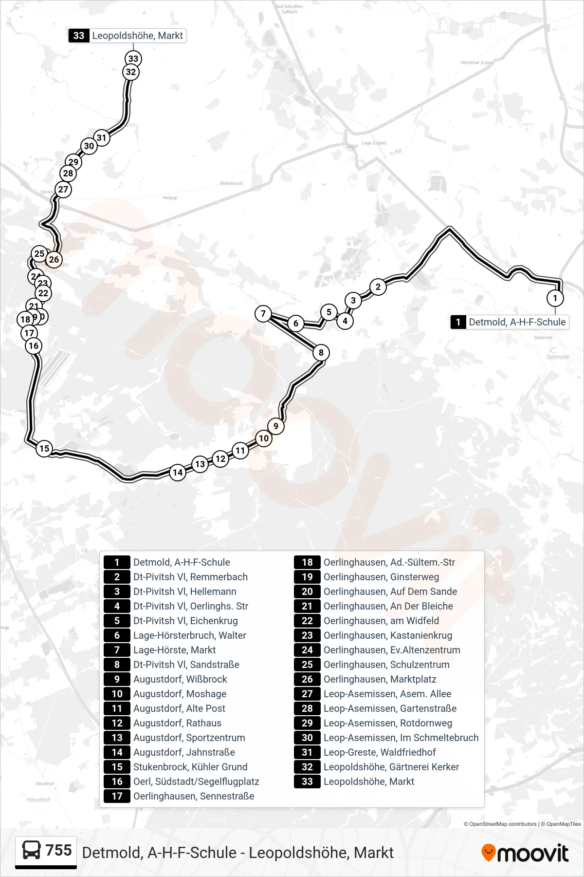 755 bus Line (Leopoldshöhe, Markt) route and stops on a map