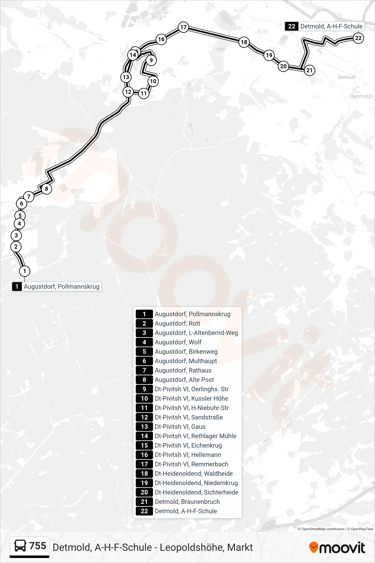 755 bus Line (Detmold, A-H-F-Schule) route and stops on a map