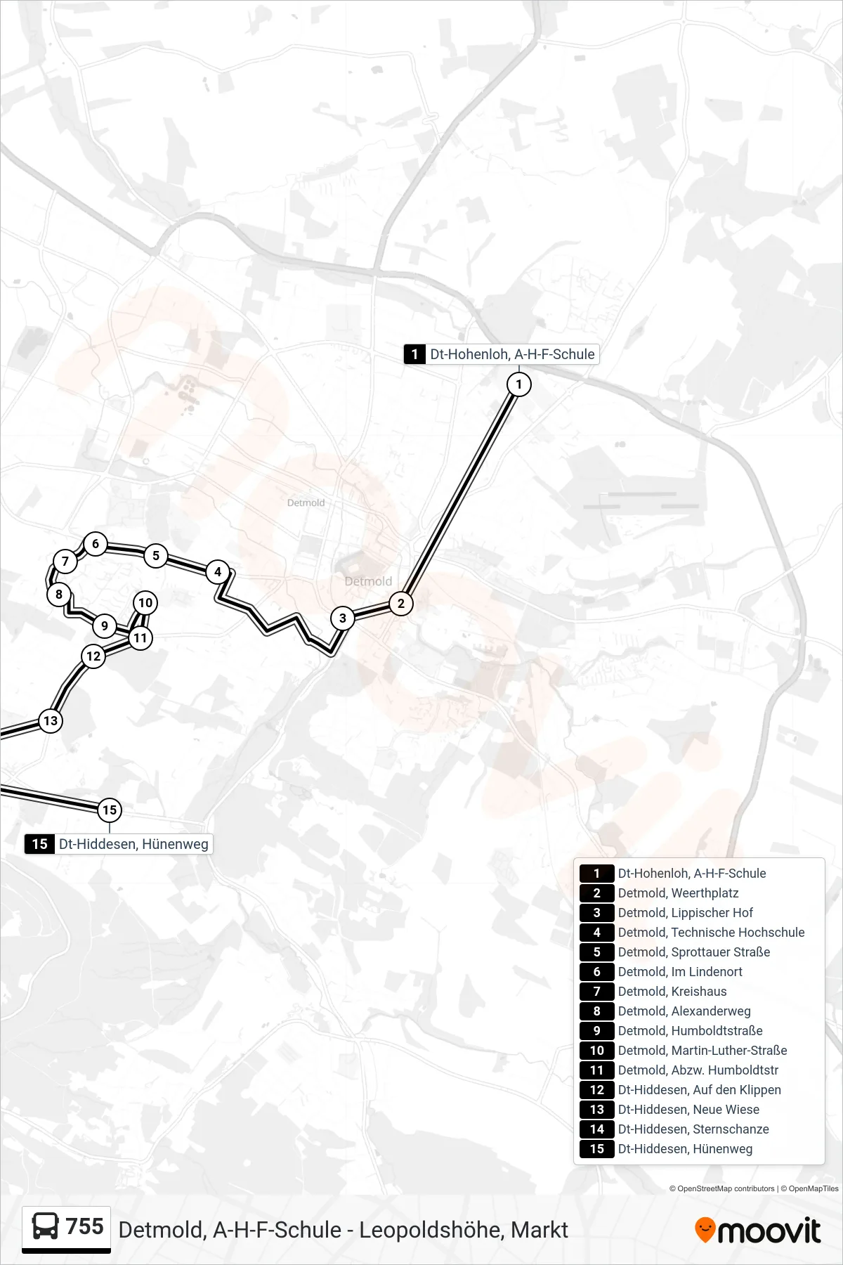 Linie 755 (Bus) Richtung Dt-Hiddesen, Hünenweg: Route und Haltestellen auf der Karte