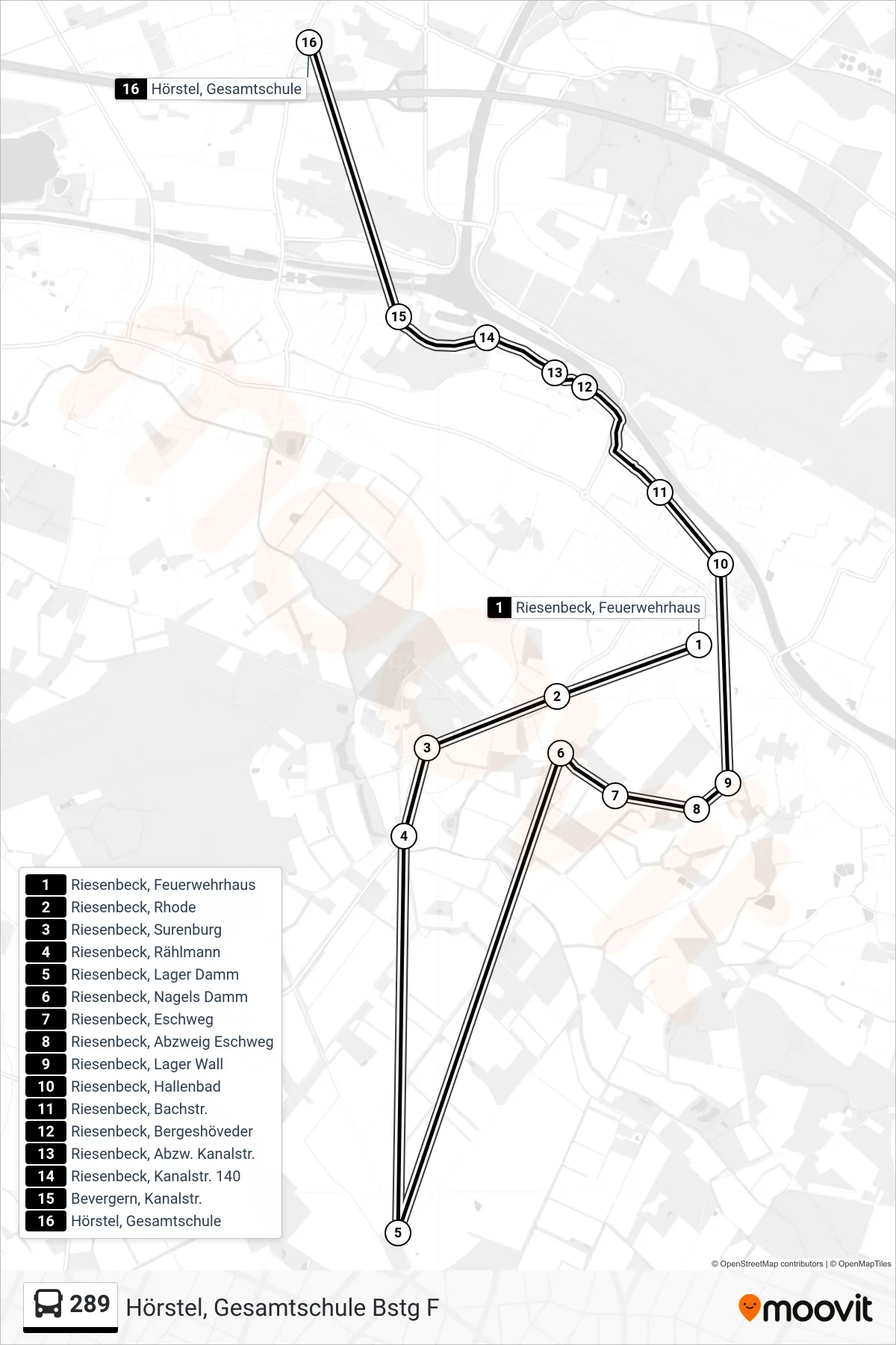 Linie 289 (Bus) Richtung Hörstel, Gesamtschule Bstg F: Route und Haltestellen auf der Karte