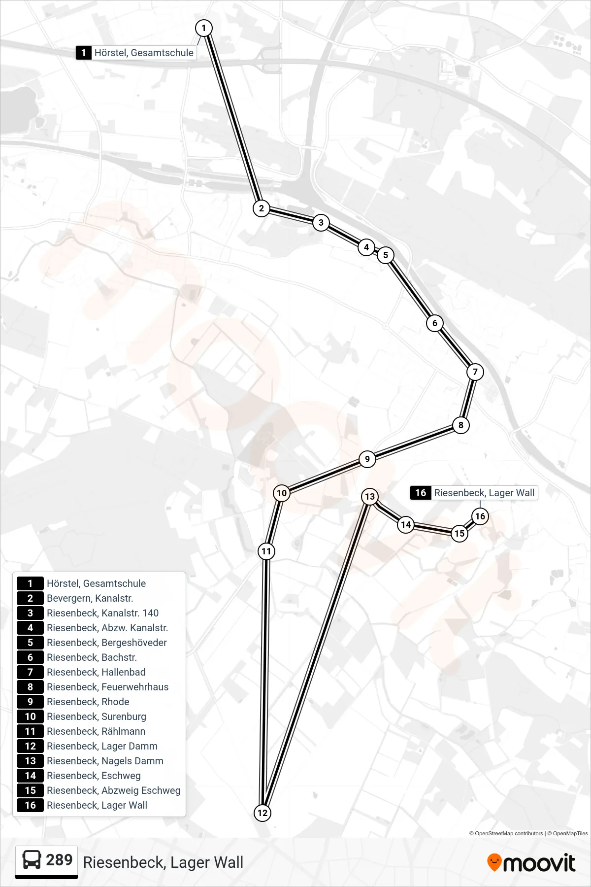 289 bus Line (Riesenbeck, Lager Wall) route and stops on a map