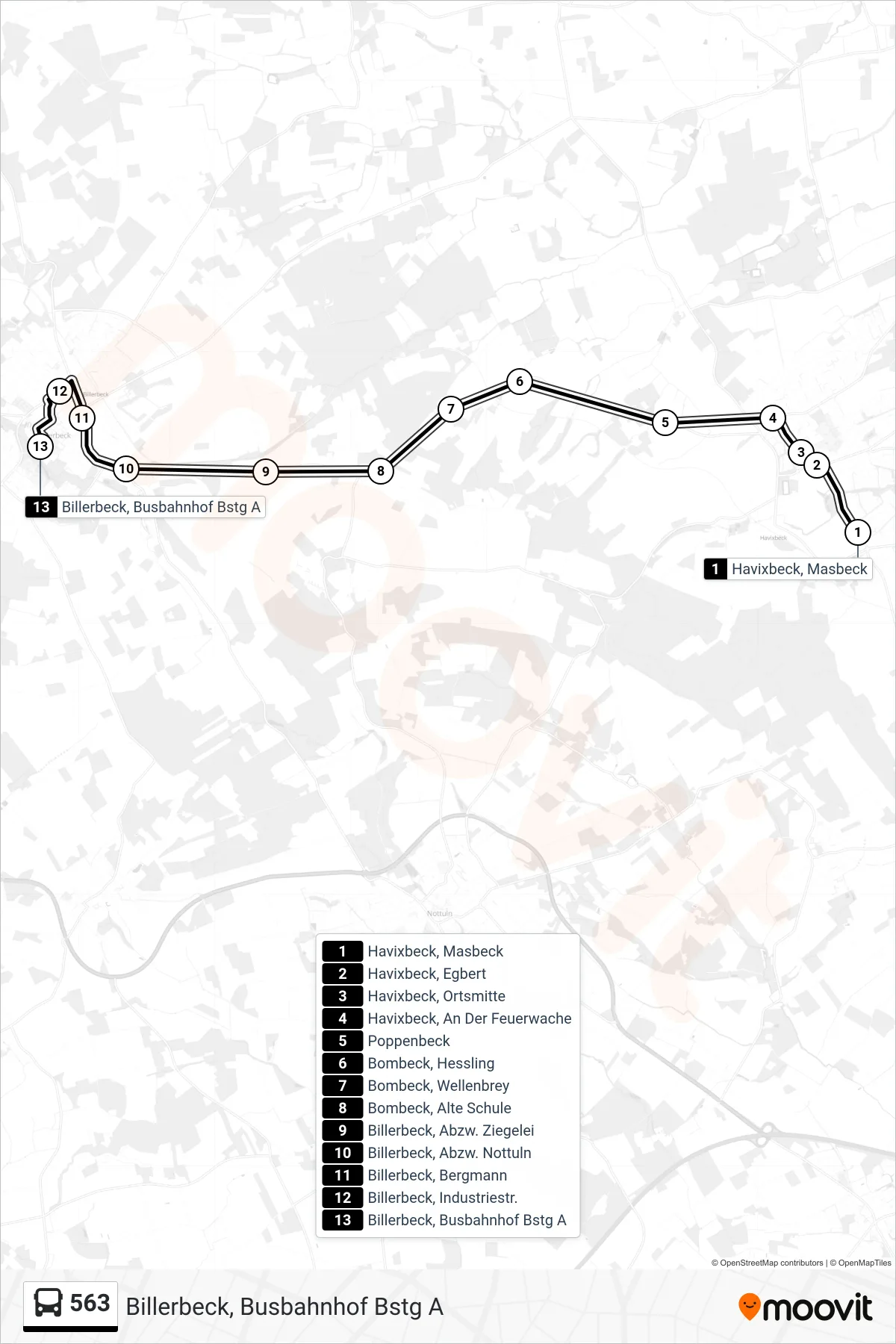 Linie 563 (Bus) Richtung Billerbeck, Busbahnhof Bstg A: Route und Haltestellen auf der Karte
