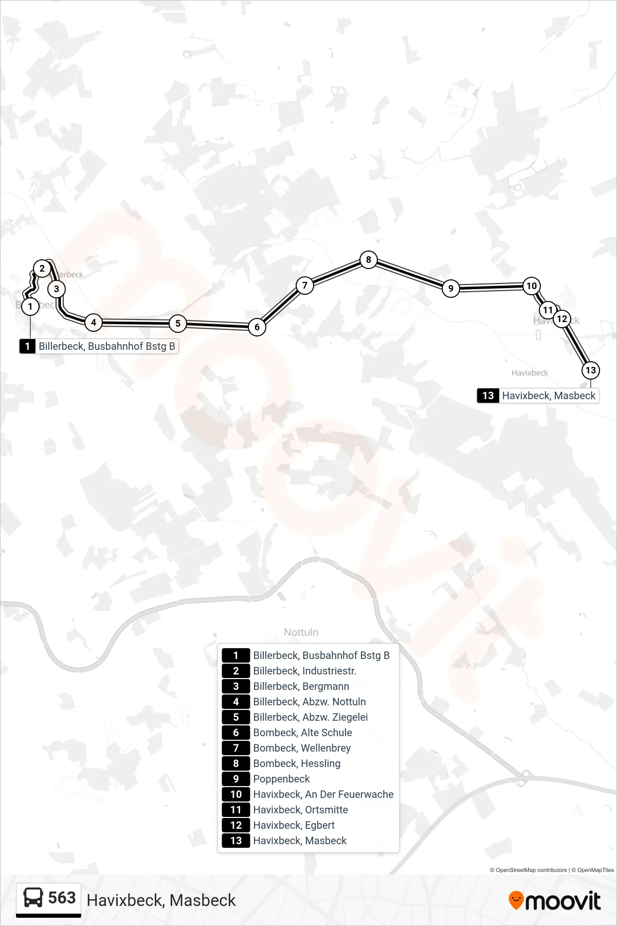 Linie 563 (Bus) Richtung Havixbeck, Masbeck: Route und Haltestellen auf der Karte