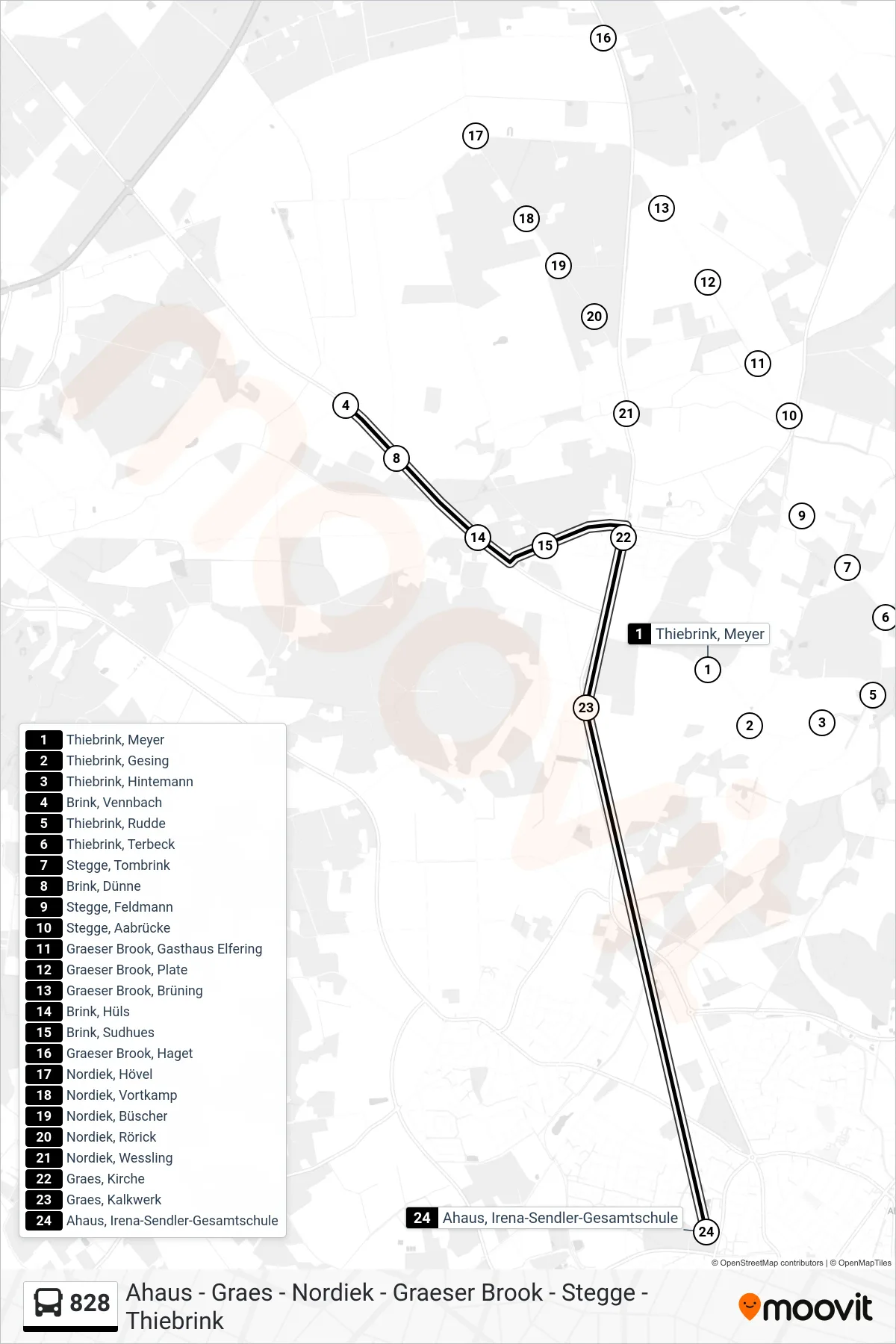 828 bus Line (Ahaus, Irena-Sendler-Gesamtschule) route and stops on a map
