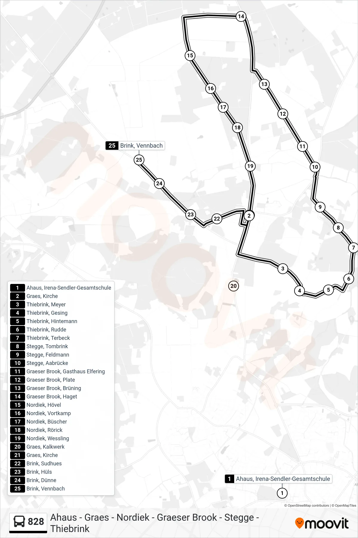 828 bus Line (Brink, Vennbach) route and stops on a map