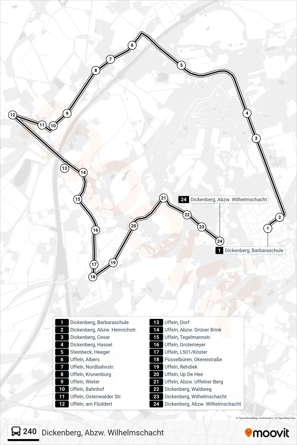 240 bus Line (Dickenberg, Abzw. Wilhelmschacht) route and stops on a map