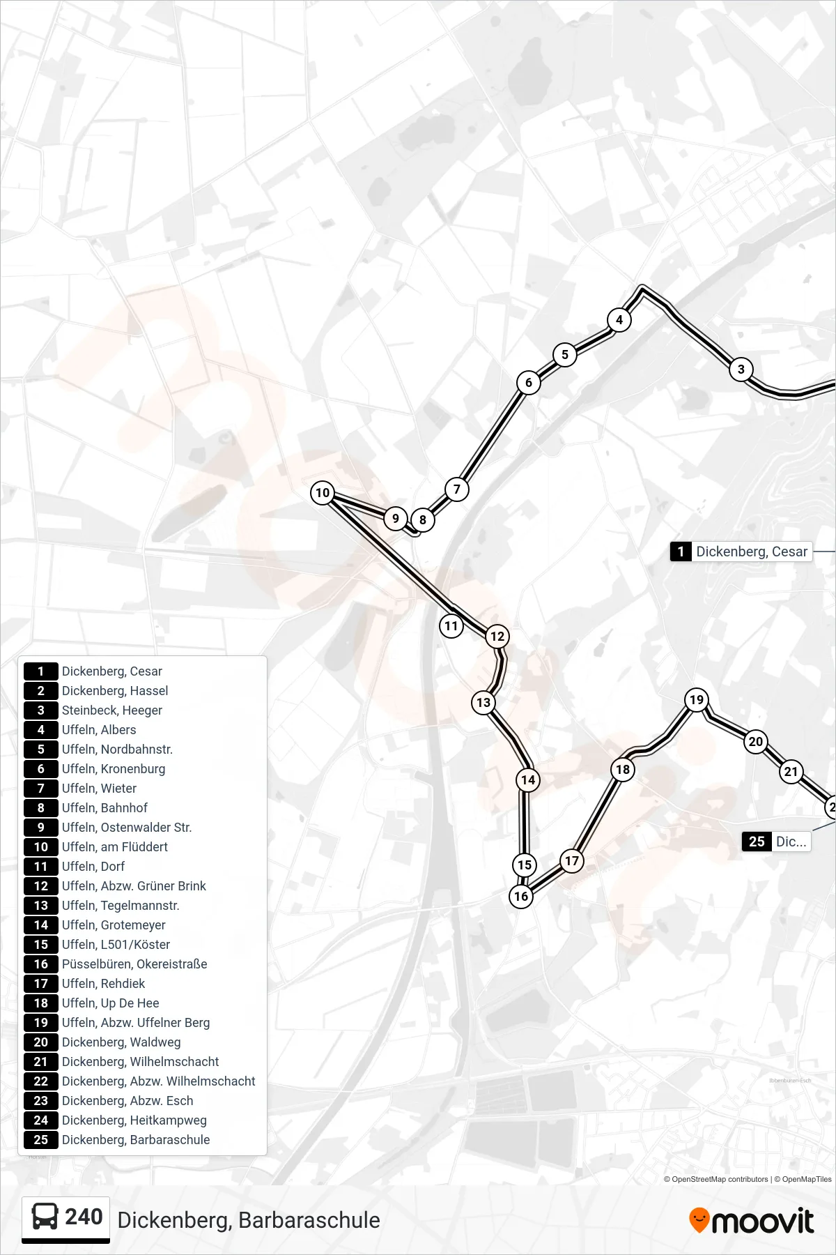 240 bus Line (Dickenberg, Barbaraschule) route and stops on a map