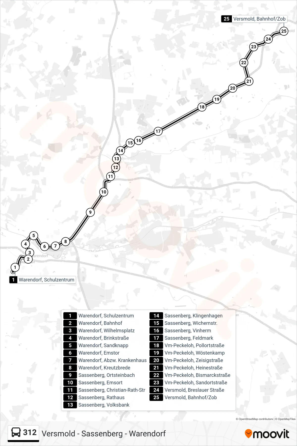 312 tram Line (Versmold, Bahnhof/Zob) route and stops on a map