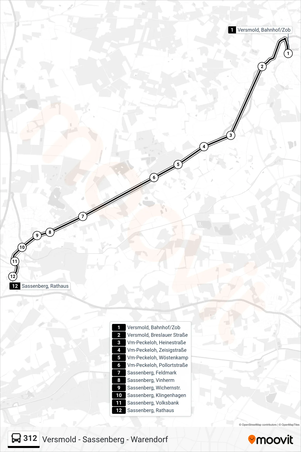 312 tram Line (Sassenberg, Rathaus) route and stops on a map