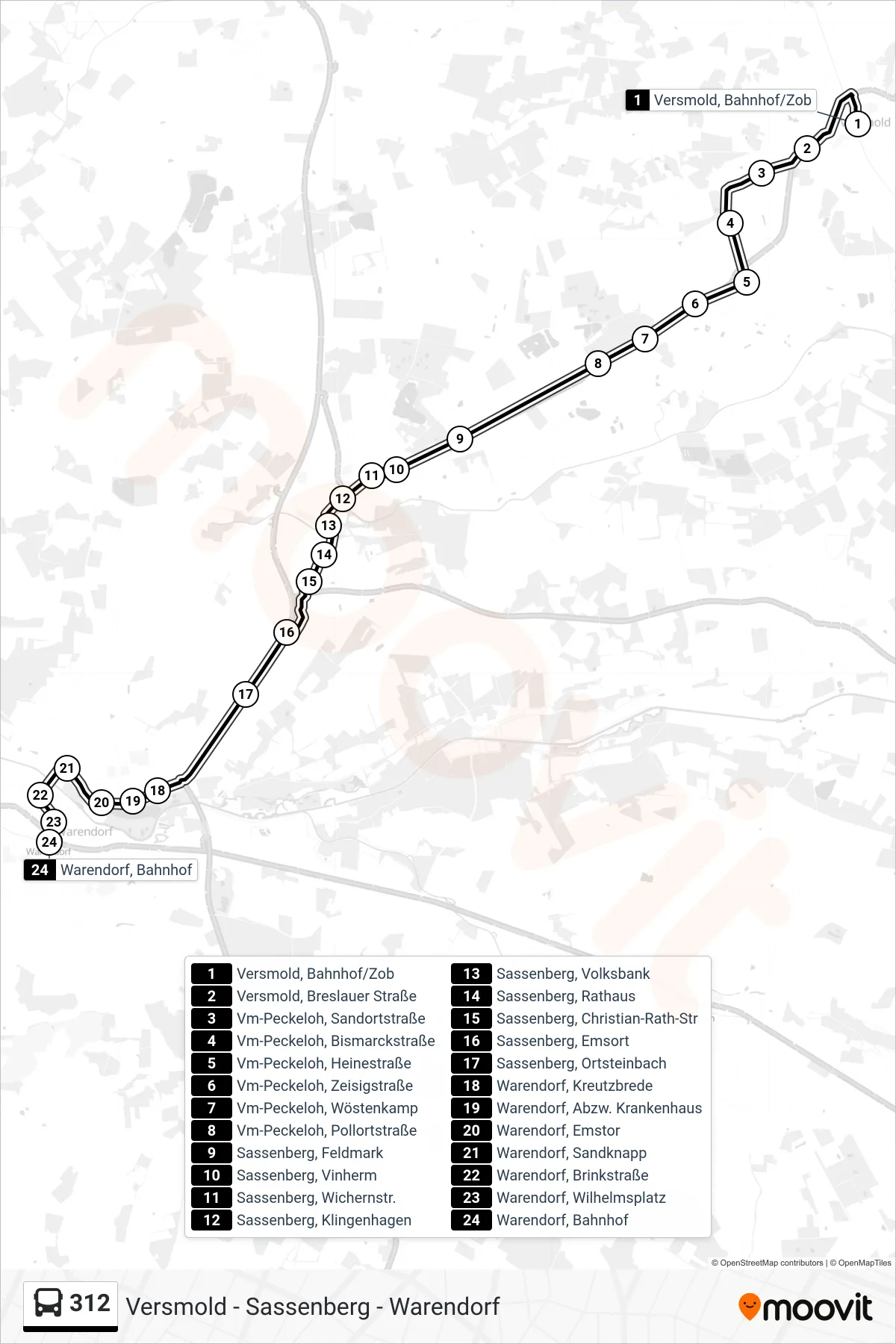 Linie 312 (Tram) Richtung Warendorf: Route und Haltestellen auf der Karte