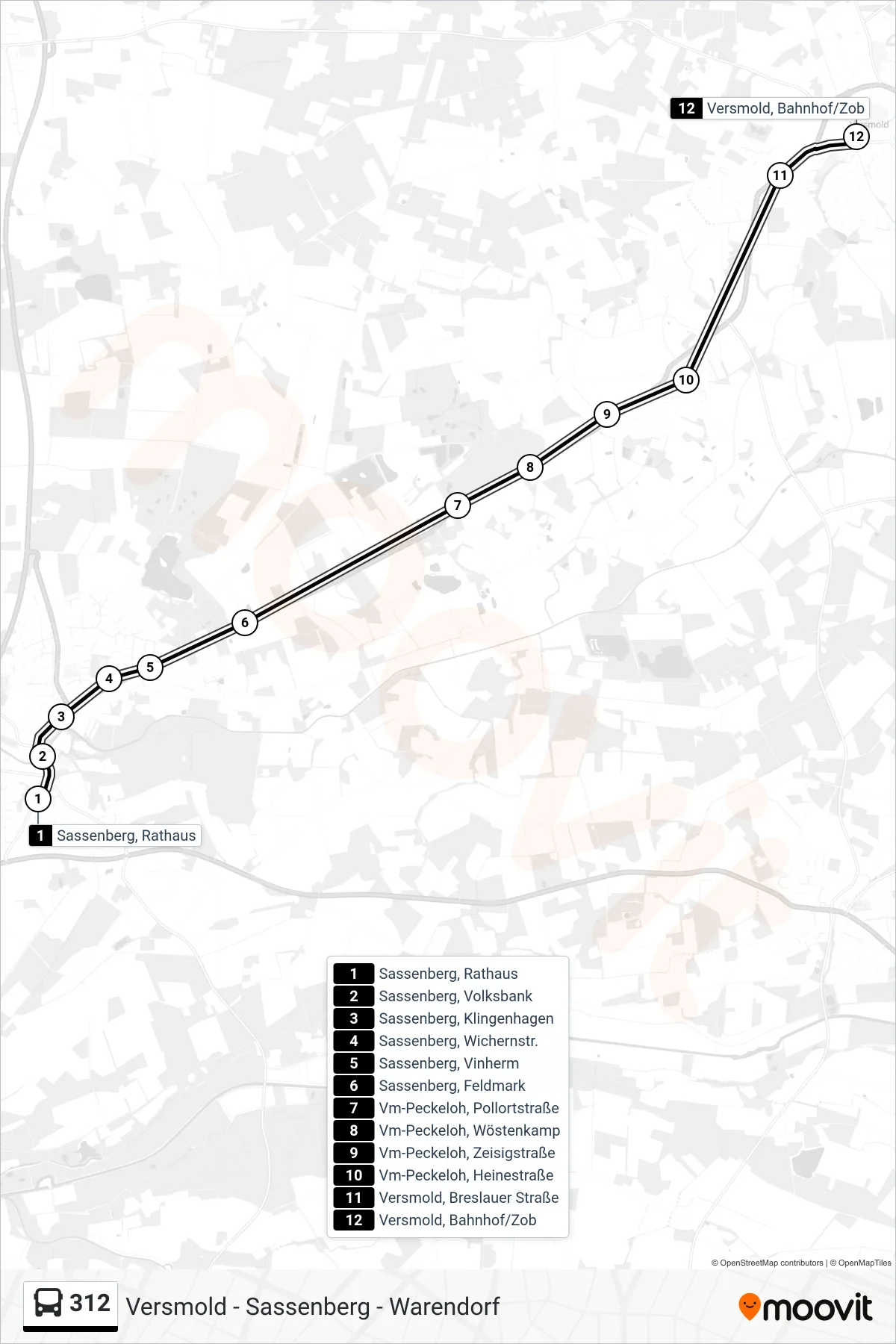 312 tram Line (Warendorf) route and stops on a map