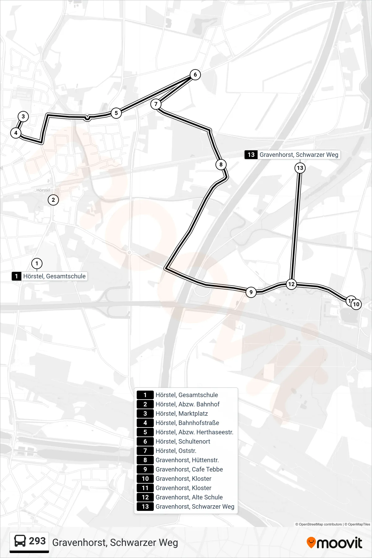 293 bus Line (Gravenhorst, Schwarzer Weg) route and stops on a map