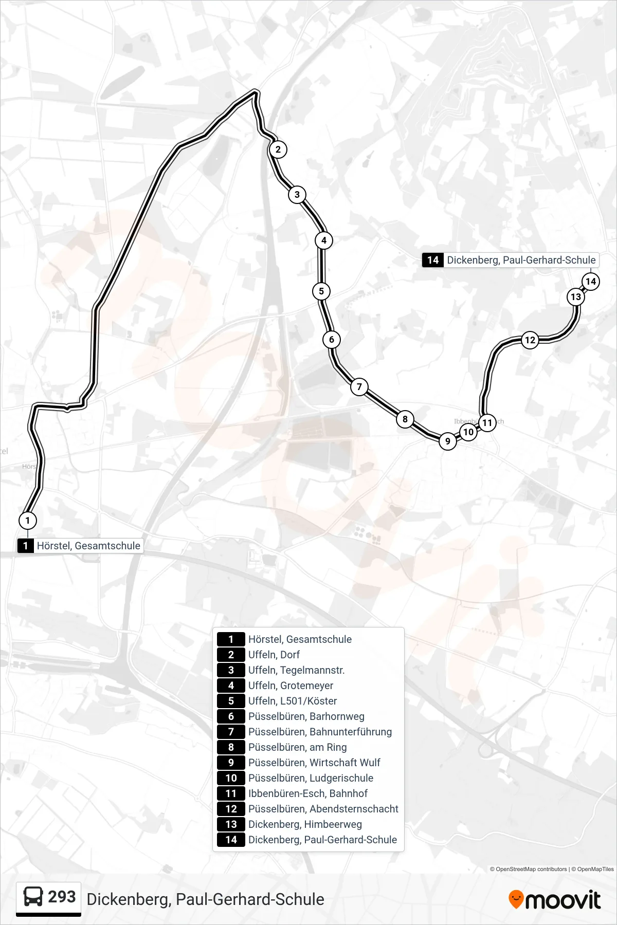 293 bus Line (Dickenberg, Paul-Gerhard-Schule) route and stops on a map