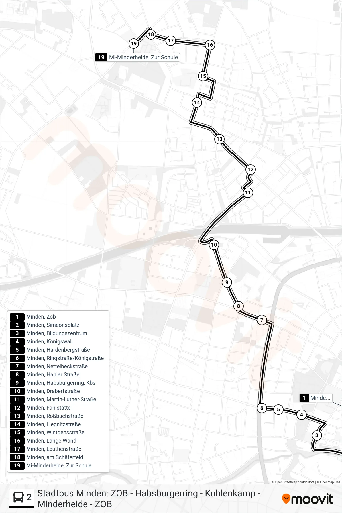Linie 2 (Bus) Richtung Mi-Minderheide, Zur Schule: Route und Haltestellen auf der Karte