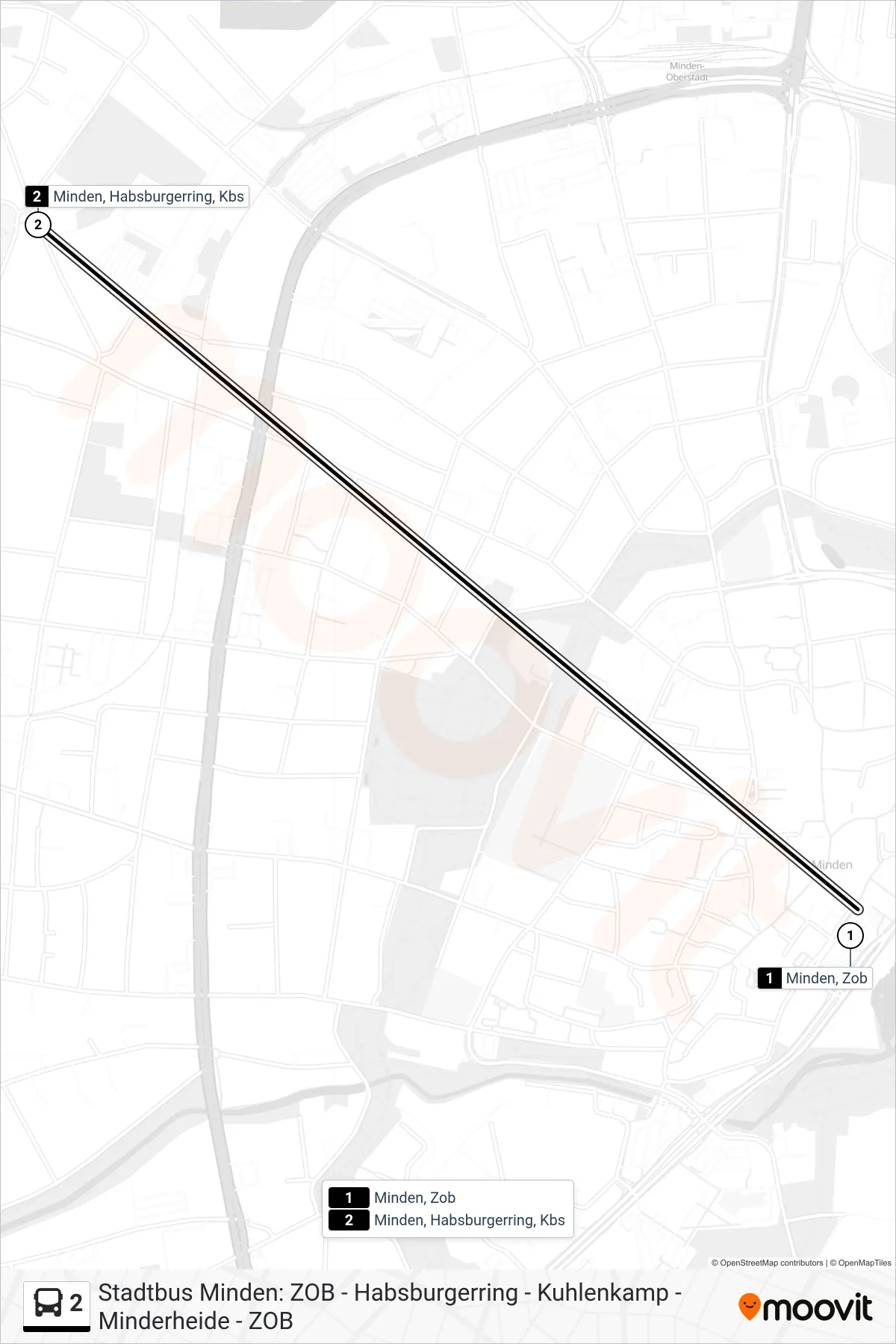 Linie 2 (Bus) Richtung Minden, Habsburgerring, Kbs: Route und Haltestellen auf der Karte