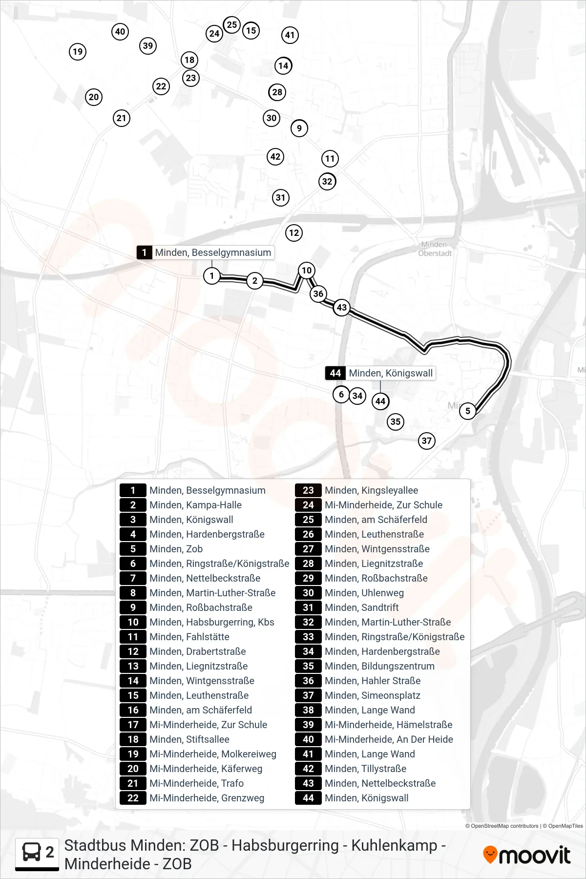 2 bus Line (Minden, Zob) route and stops on a map