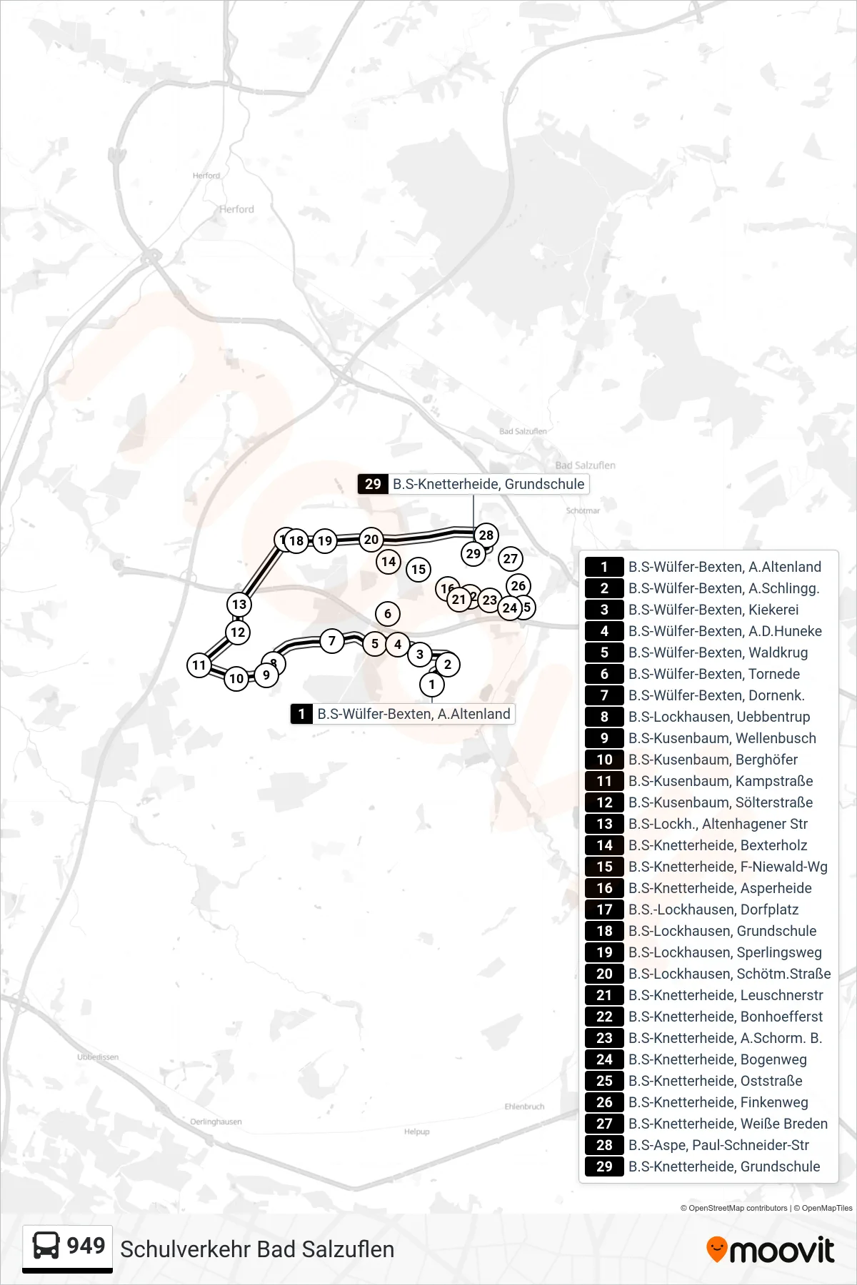 949 bus Line (Knetterheide) route and stops on a map