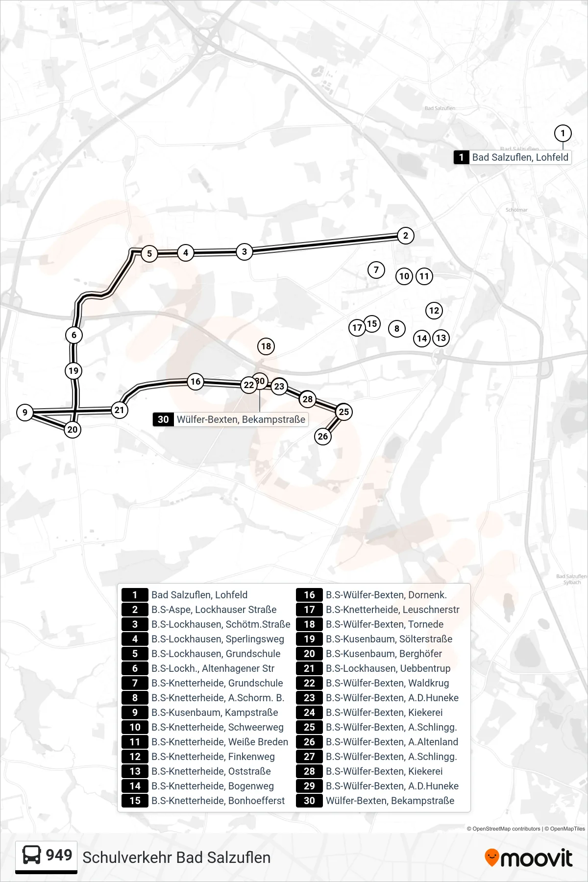 949 bus Line (Wülfer-Bexten) route and stops on a map
