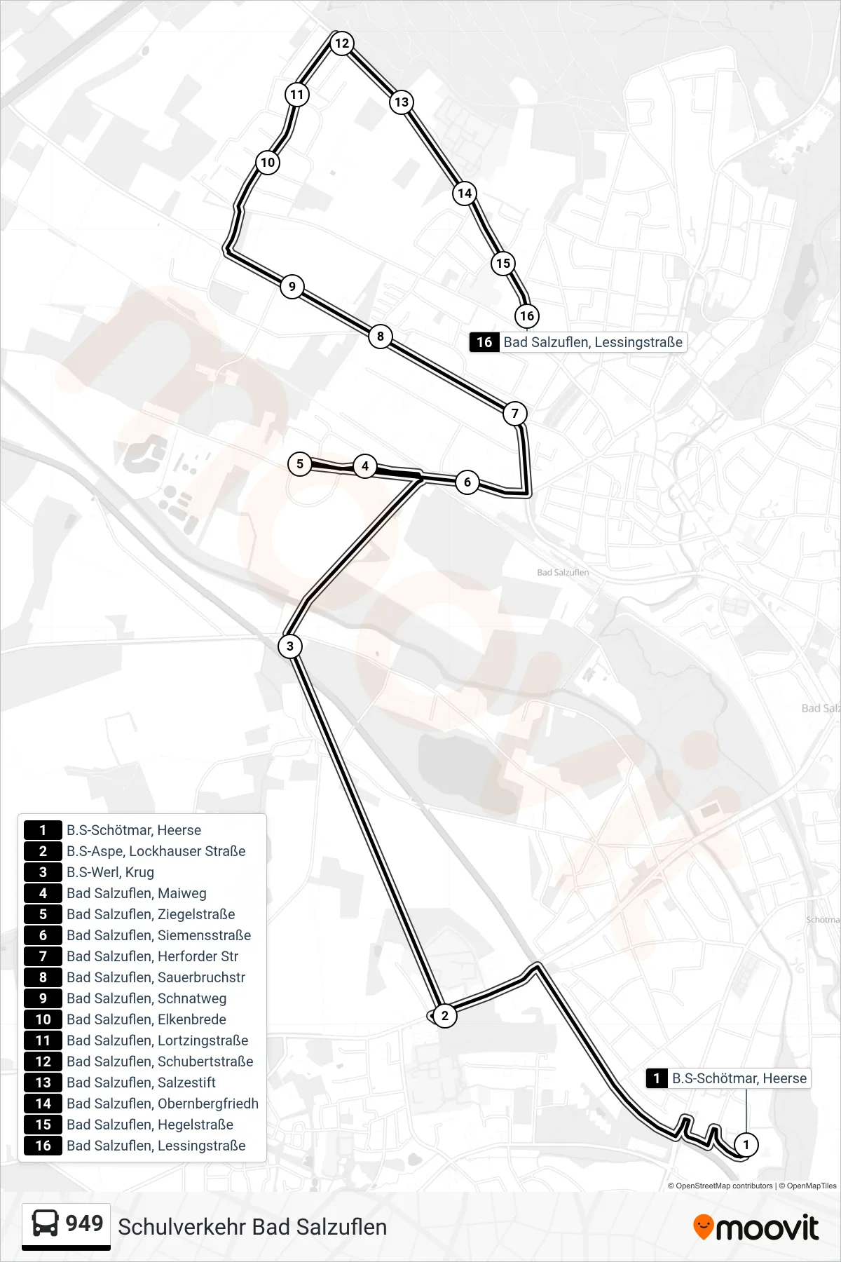 Linie 949 (Bus) Richtung Bad Salzuflen, Lessingstraße: Route und Haltestellen auf der Karte