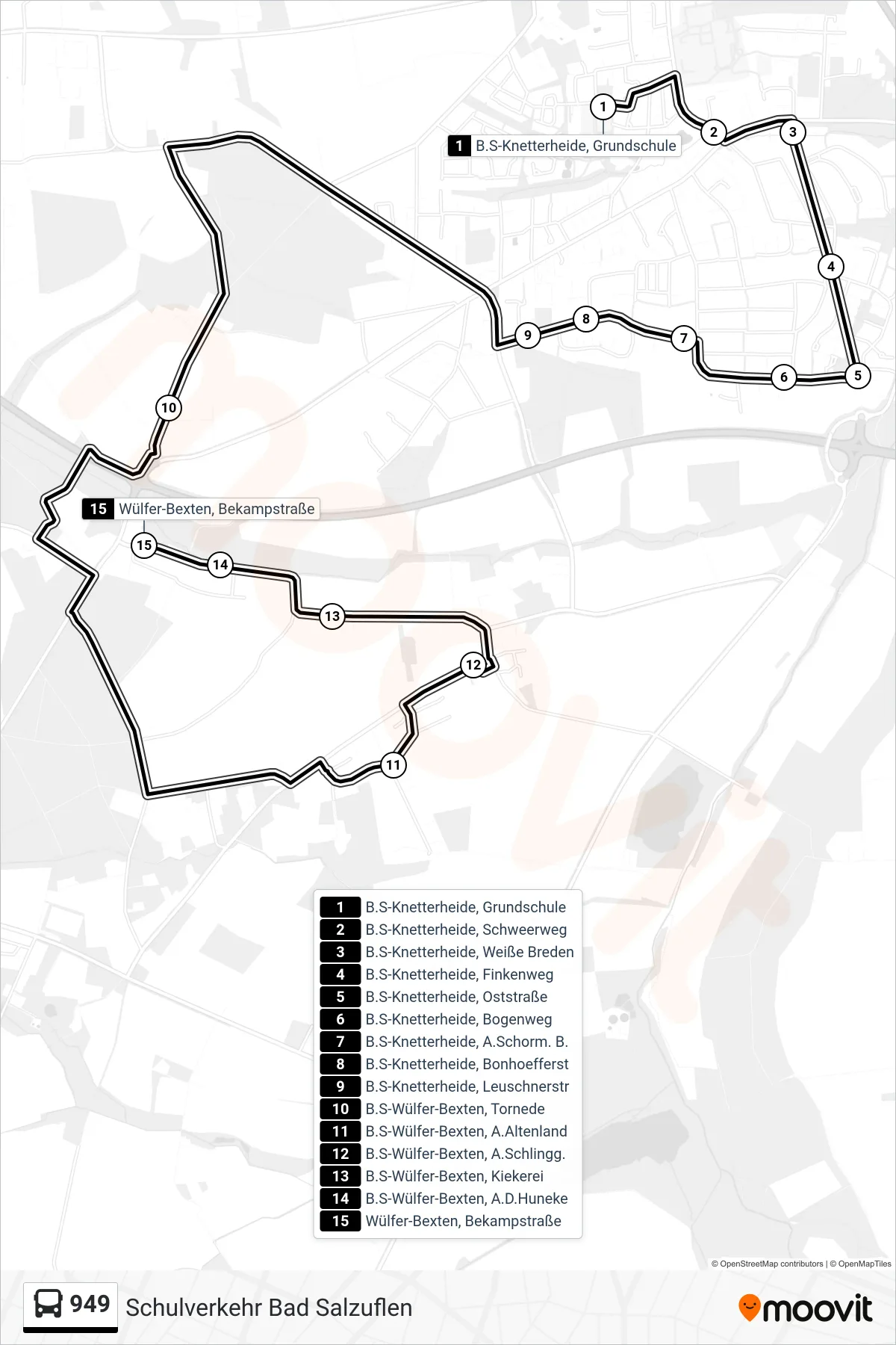 949 bus Line (Wülfer-Bexten, Bekampstraße) route and stops on a map