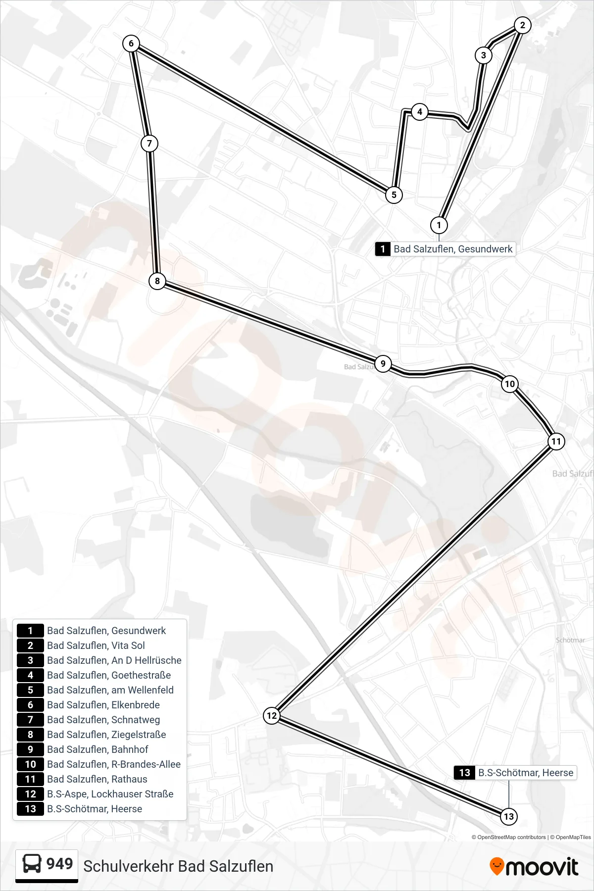 949 bus Line (B.S-Schötmar, Heerse) route and stops on a map