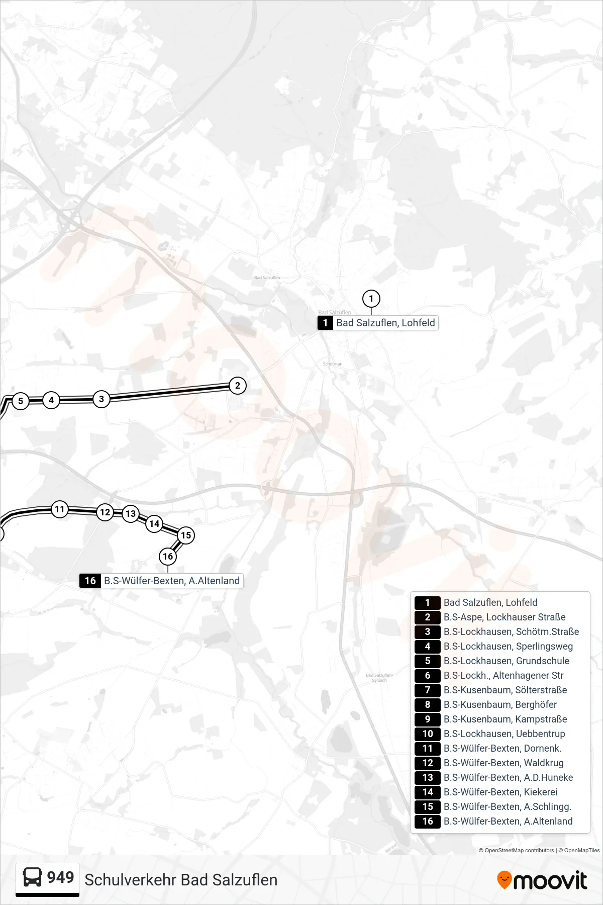 949 bus Line (B.S-Wülfer-Bexten, A.Altenland) route and stops on a map