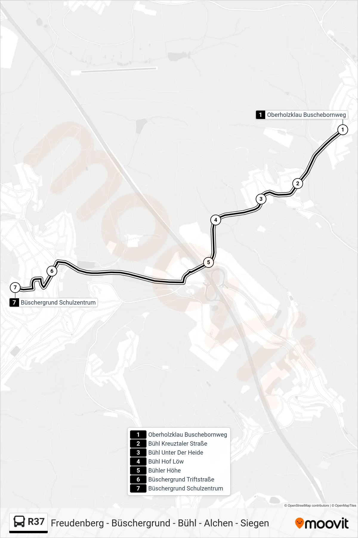 R37 bus Line (Büschergrund Schulzentrum) route and stops on a map